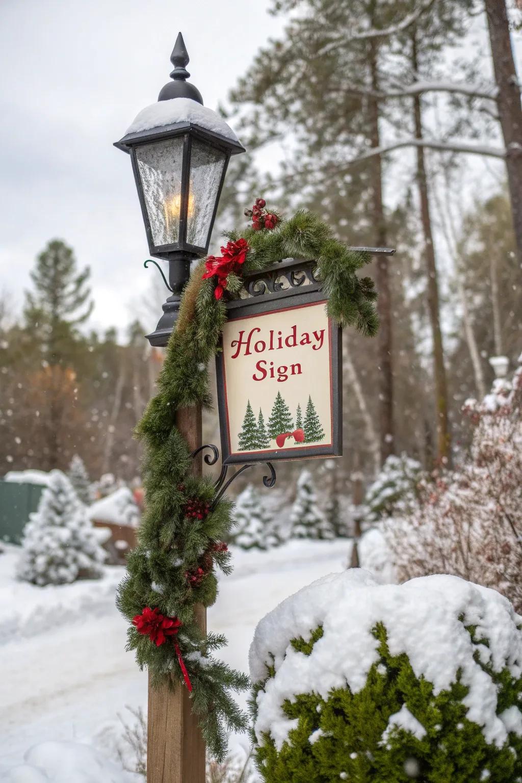 A festive sign spreads holiday cheer on a lamp post.