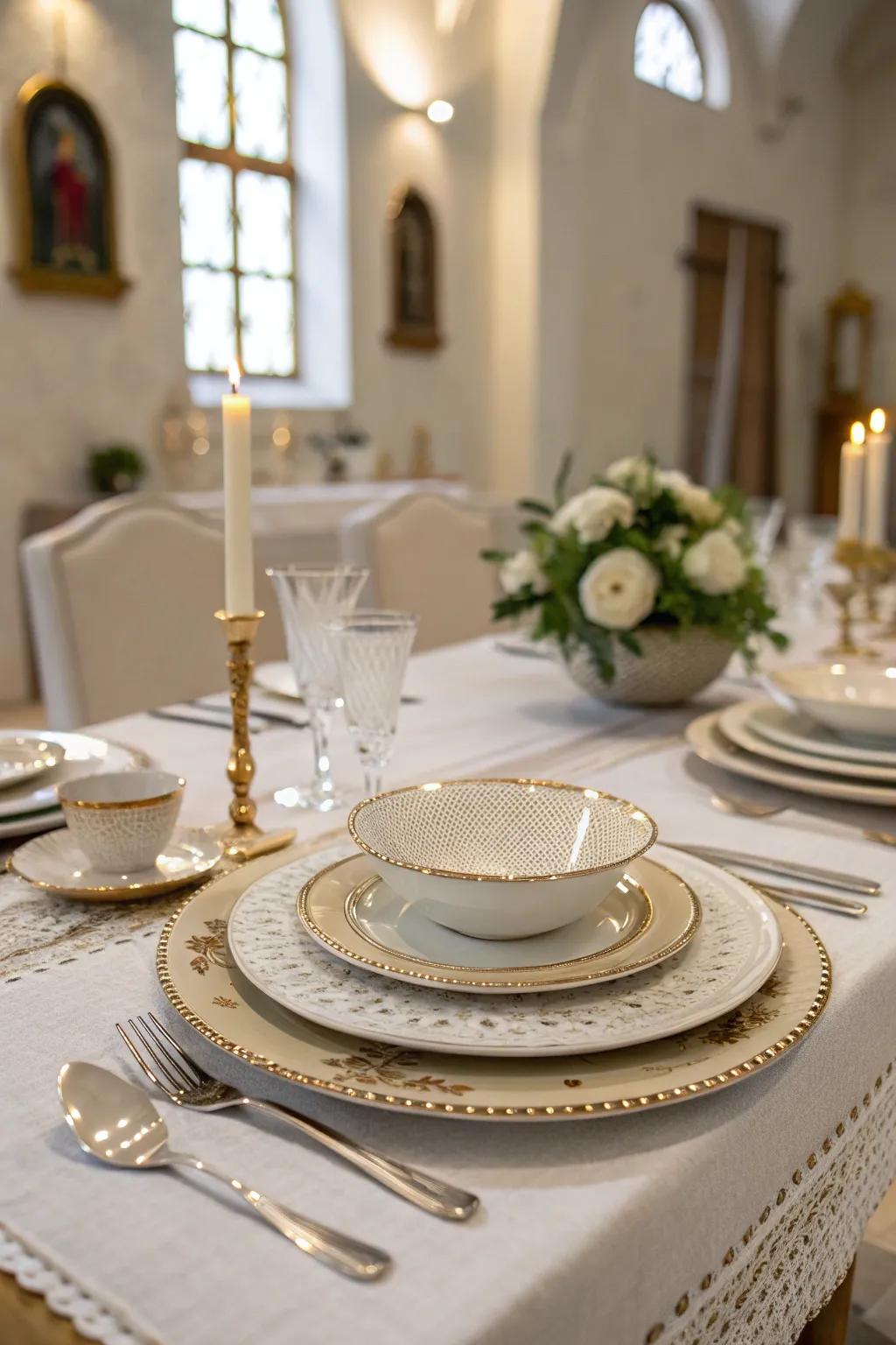 The artistry of layered tableware injects sophistication into any church affair.