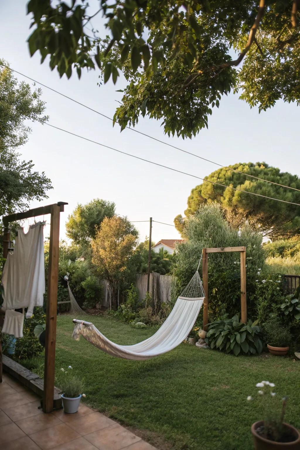 A relaxing clothesline setup complete with a shaded hammock area.