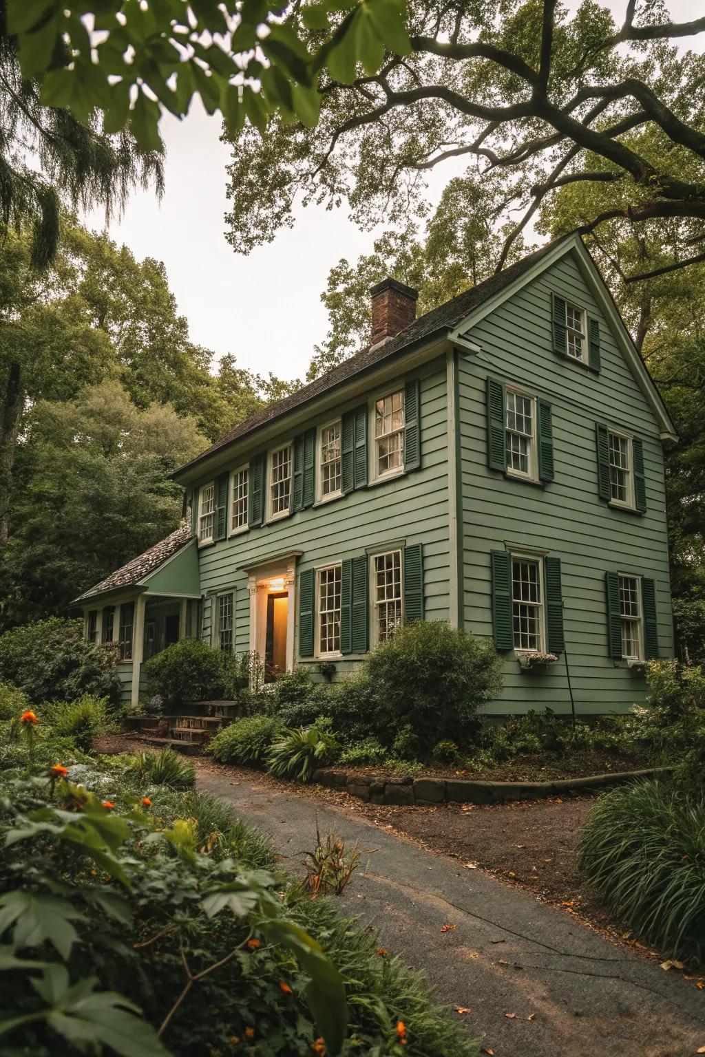 A colonial home in harmony with nature through a muted green color scheme.