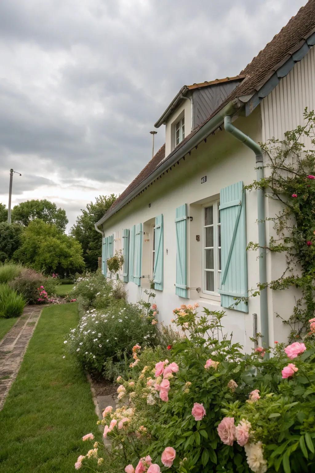 Pastel shades evoke a serene and inviting cottage façade.