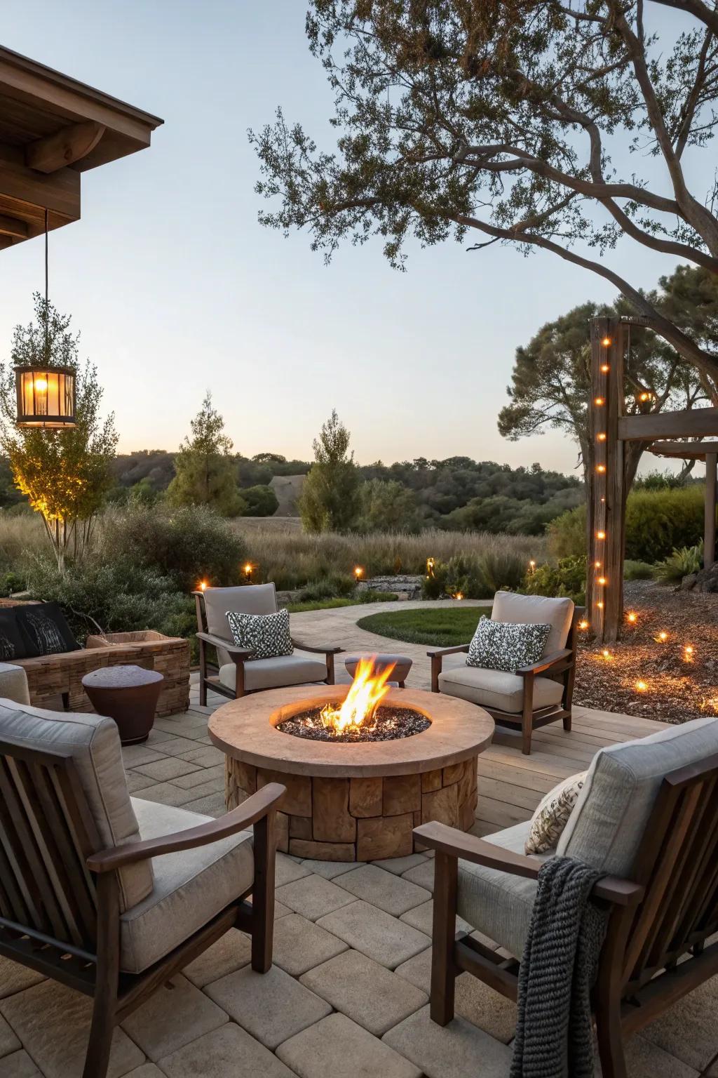 A blaze pit is a focal point for cozy gatherings.