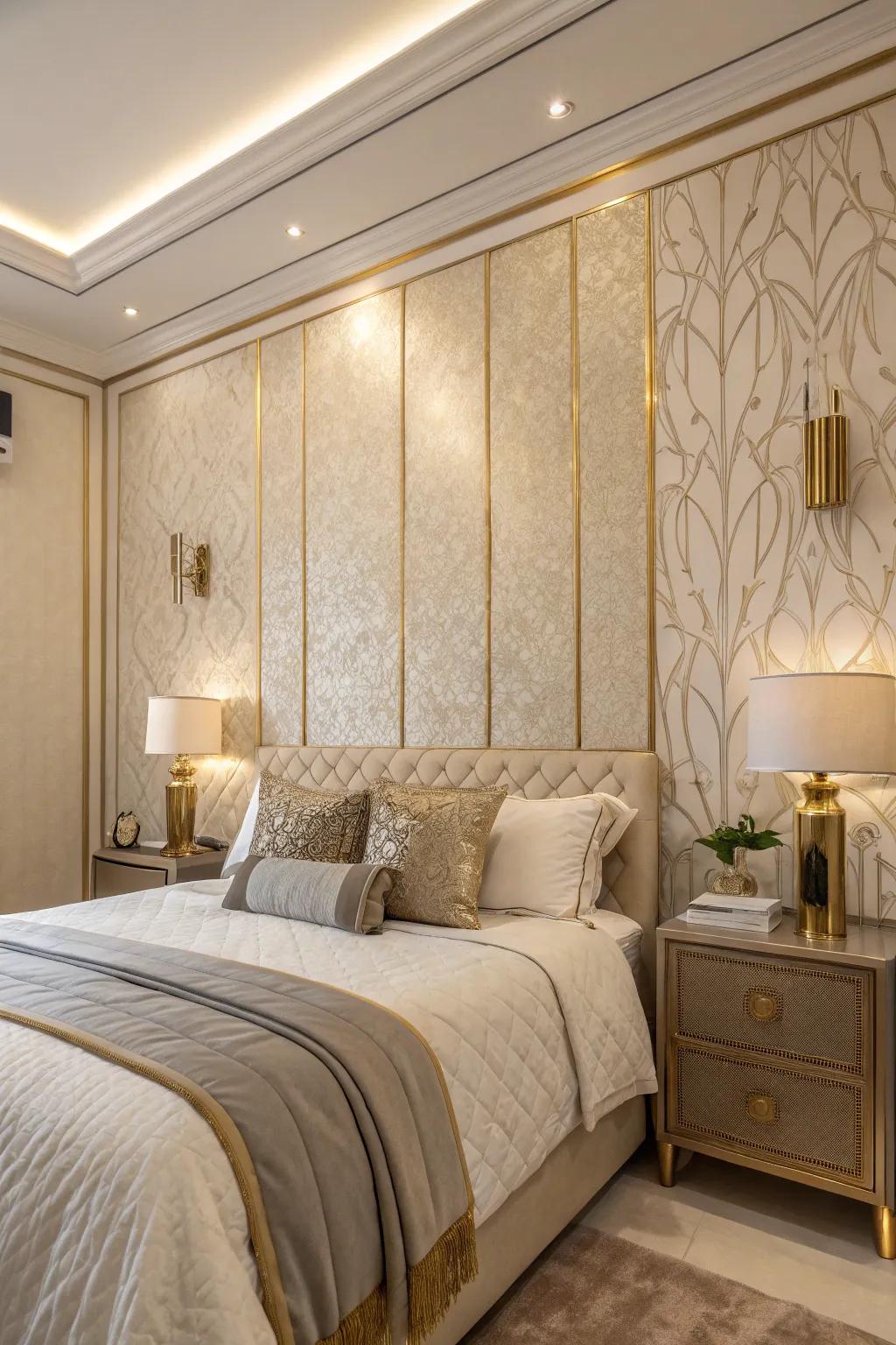 Textured walls with a metallic sheen enhance the room's depth and elegance.