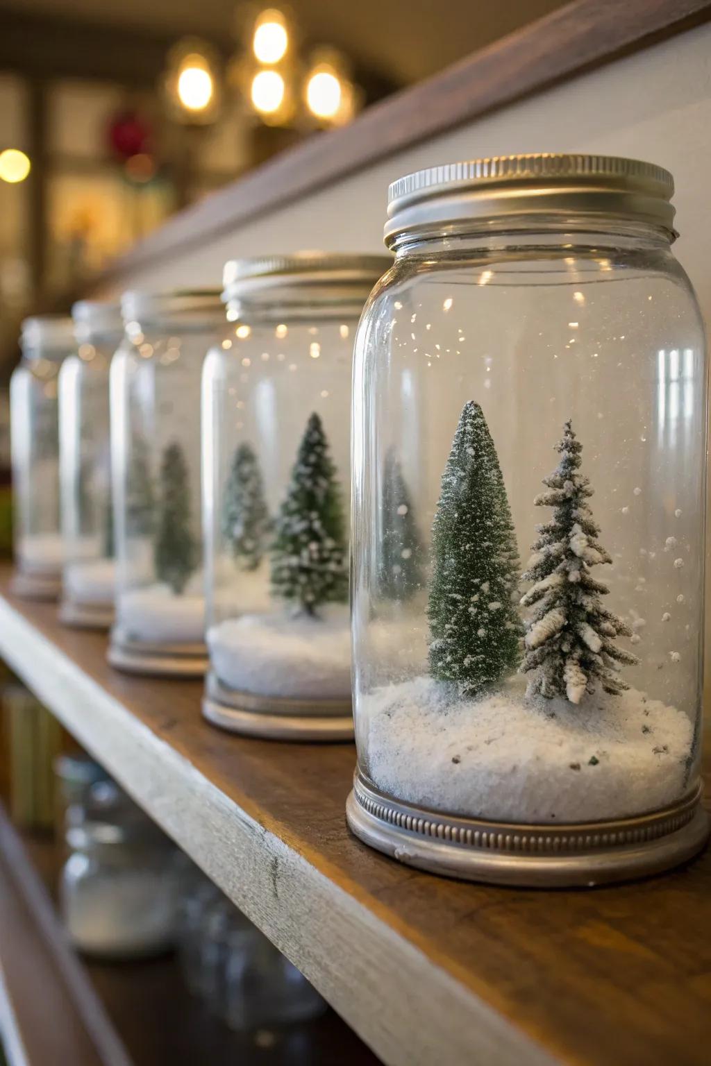 Mason jar snow scenes add a magical touch to your decorations.