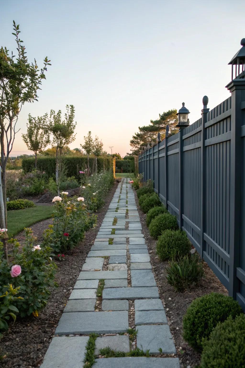 An elegant garden path framed by a dark grey fence and small shrubs.