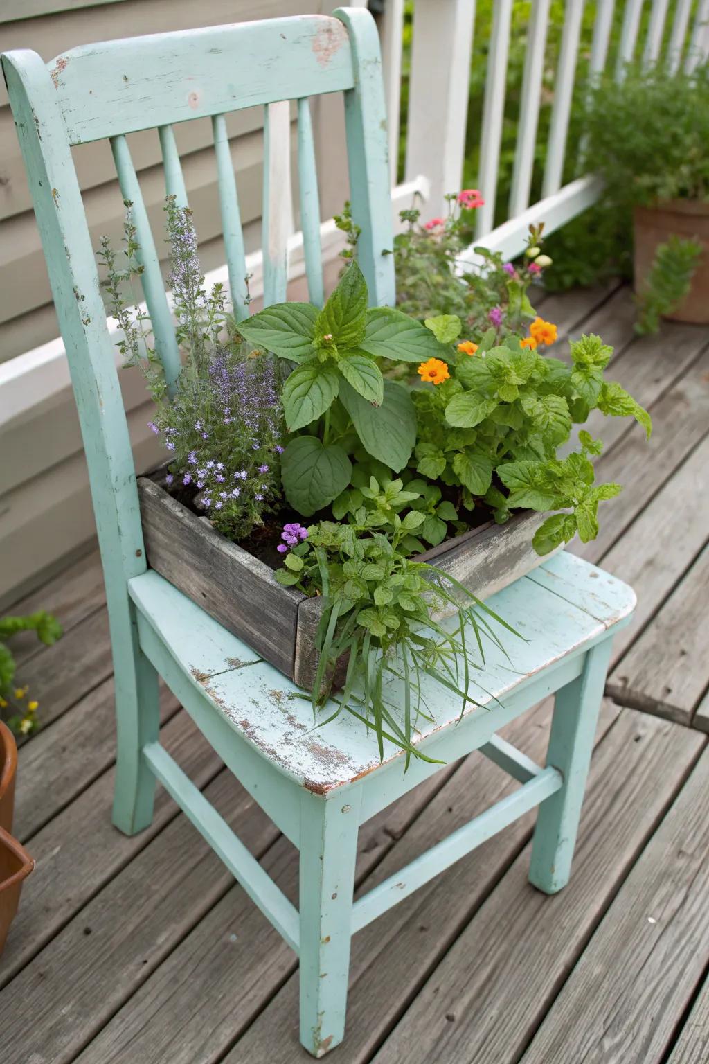 Transform old furniture into unique herb planters.