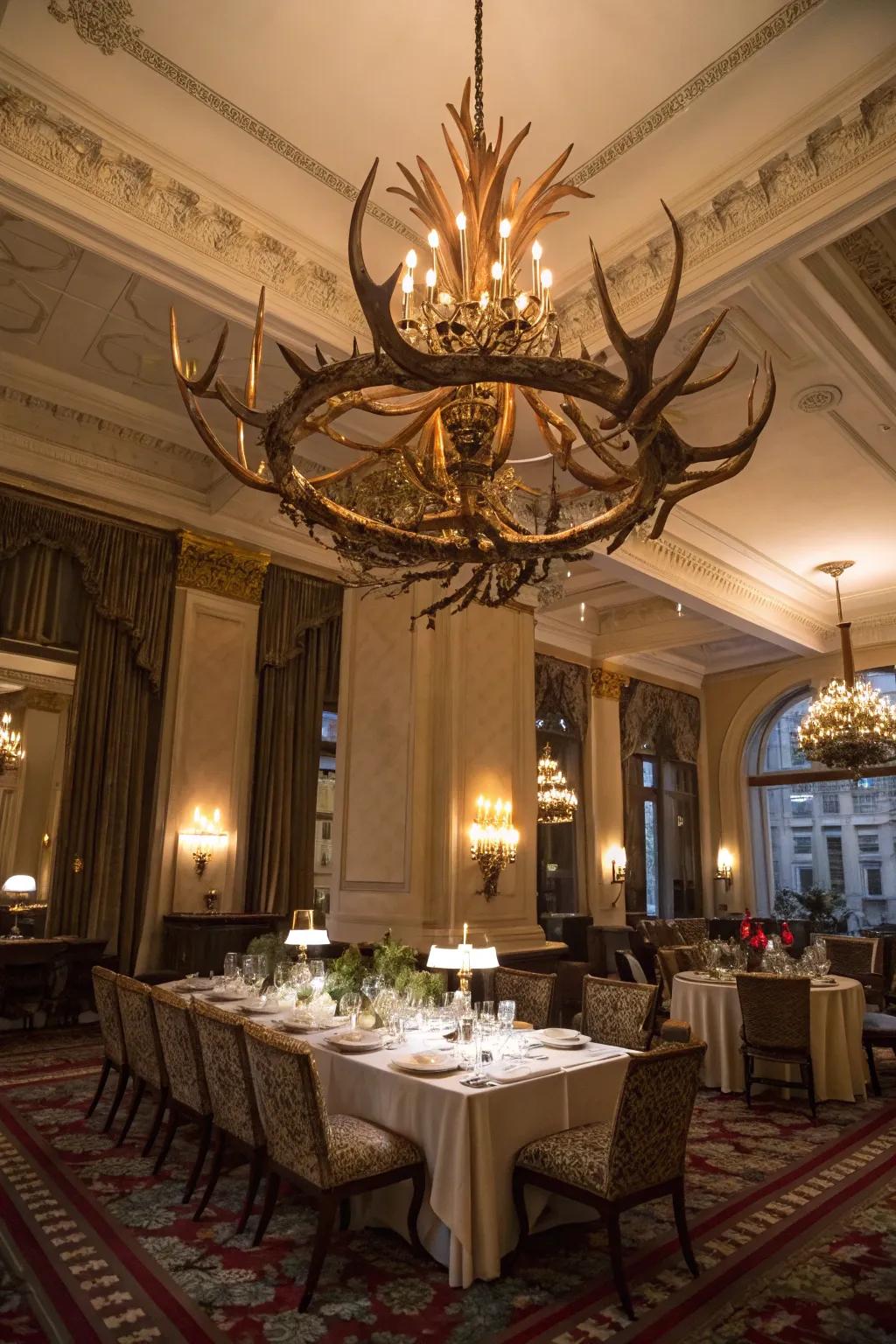 A grand chandelier crafted from deer antlers becomes the focal point in a luxurious dining room.