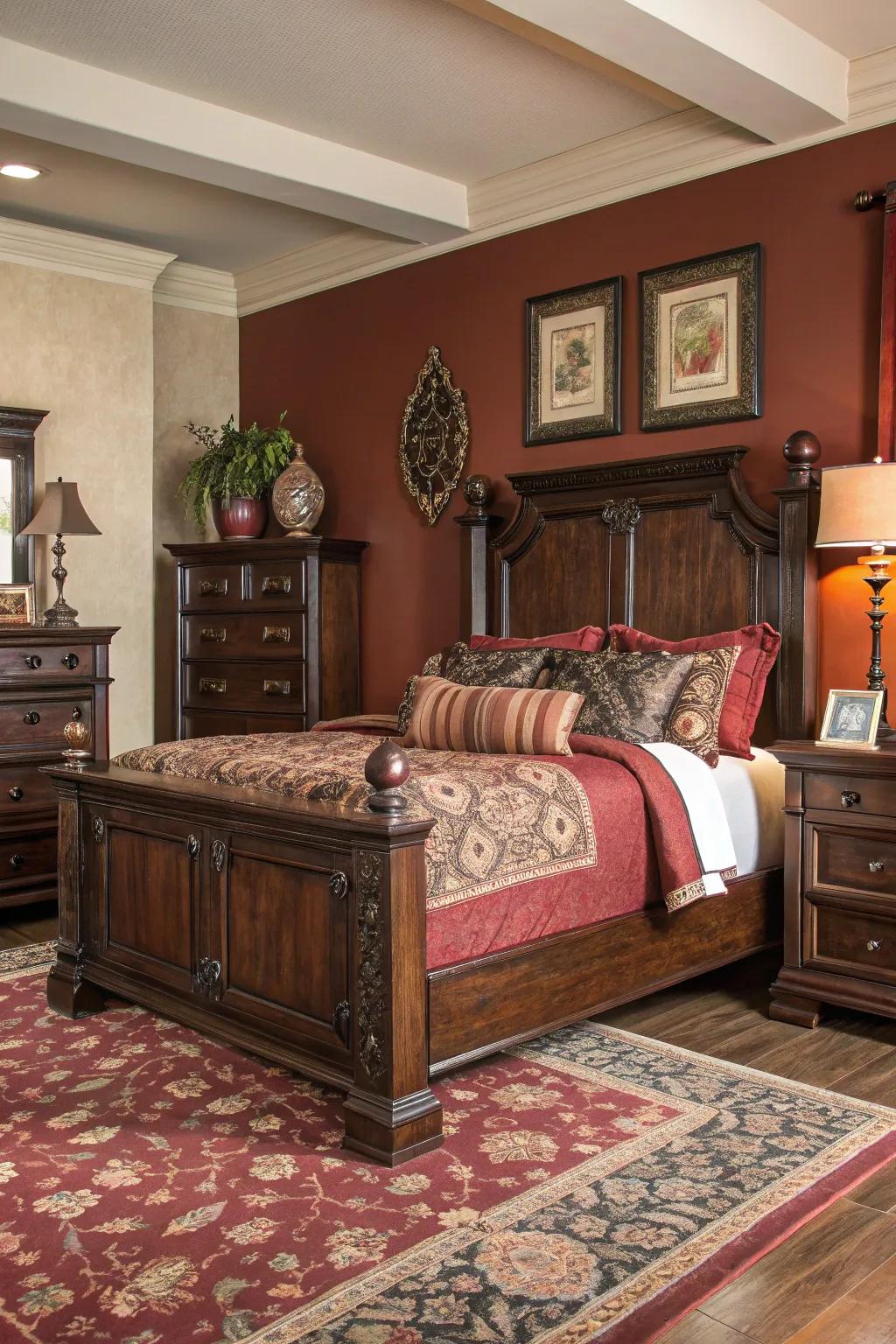 Dark wood furniture adds sophistication and depth to the room.