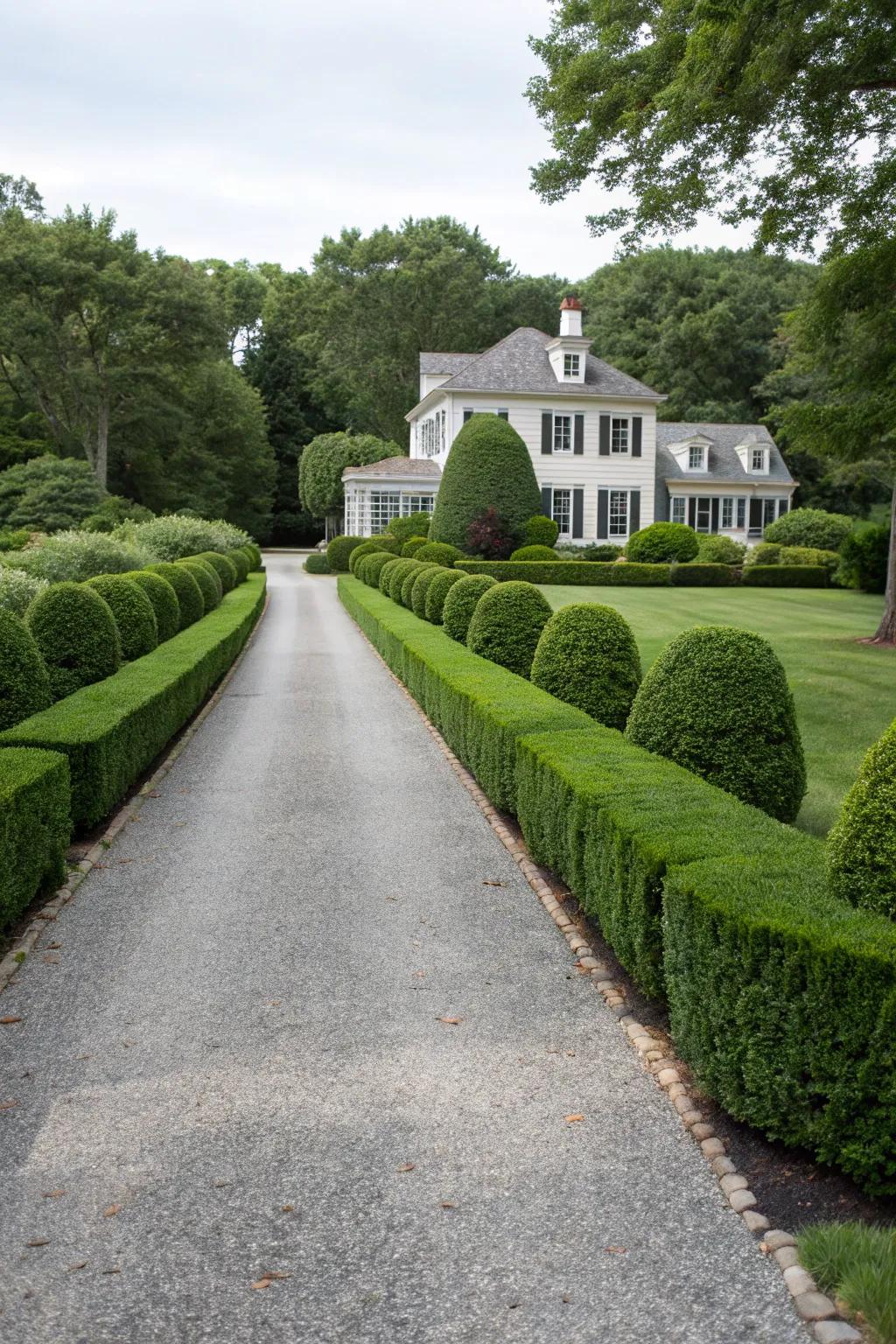 Symmetrical hedges creating a formal entryway to a home.