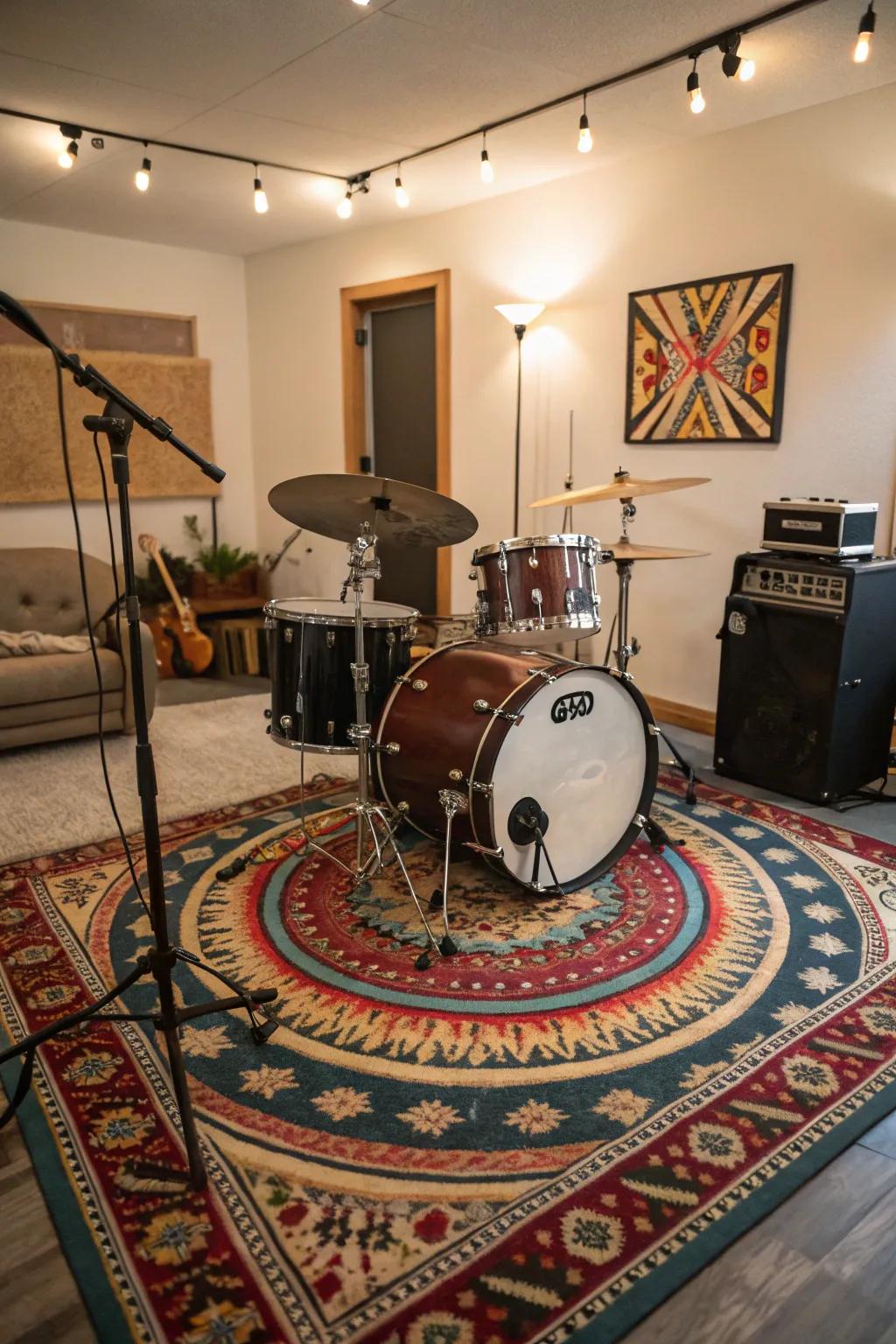 Rugs serve both decorative and sound-absorbing purposes in a drum room.