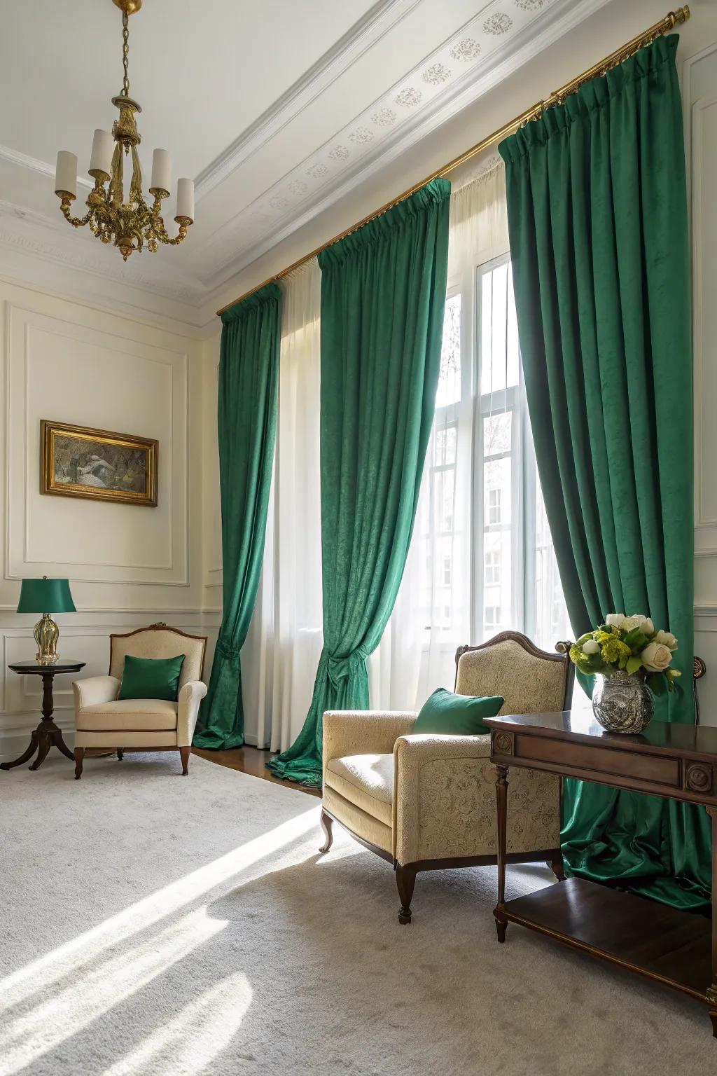 Emerald green curtains bring an unexpected pop of color.