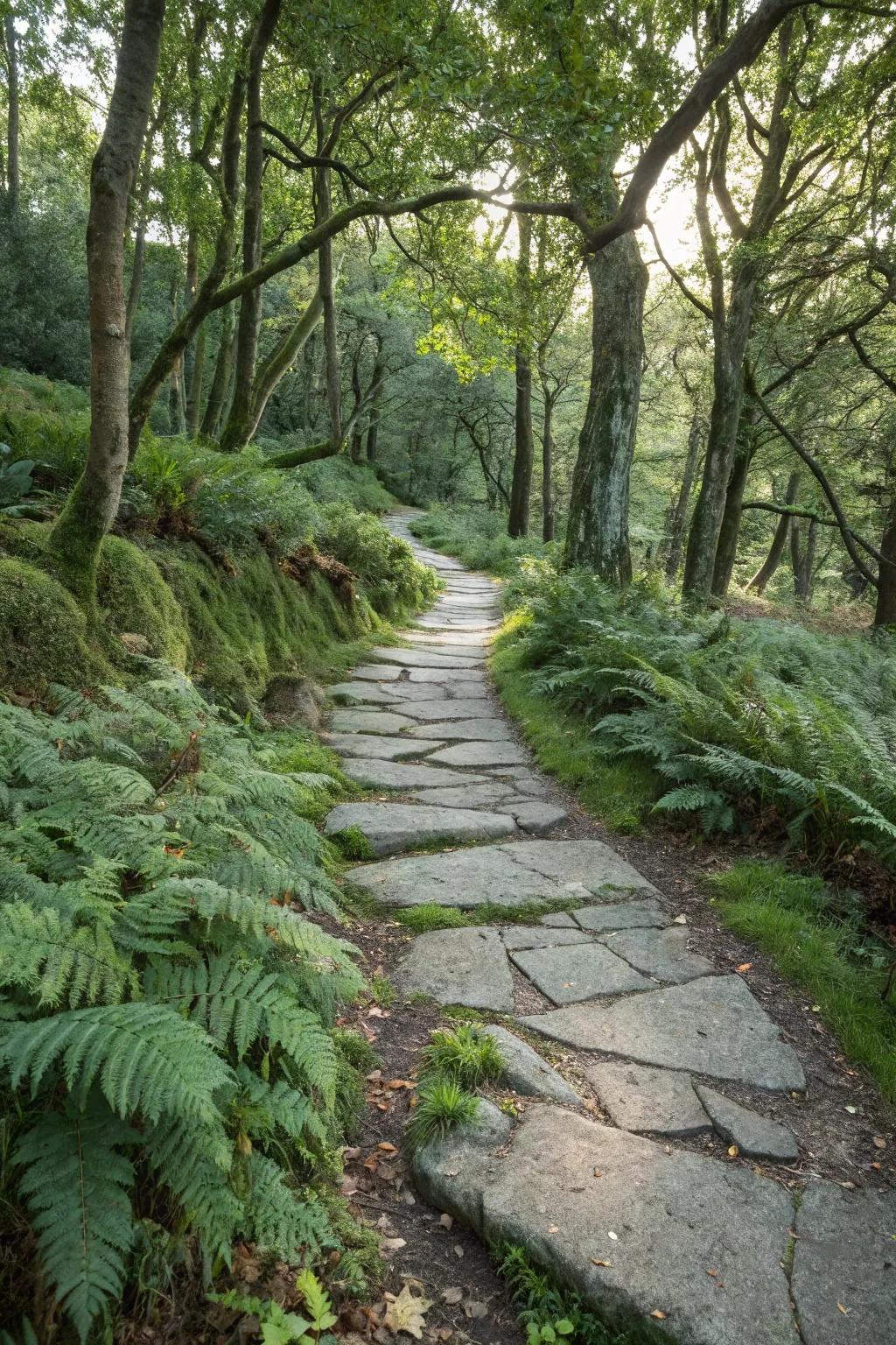 A rustic flagstone path amidst a serene woodland environment.