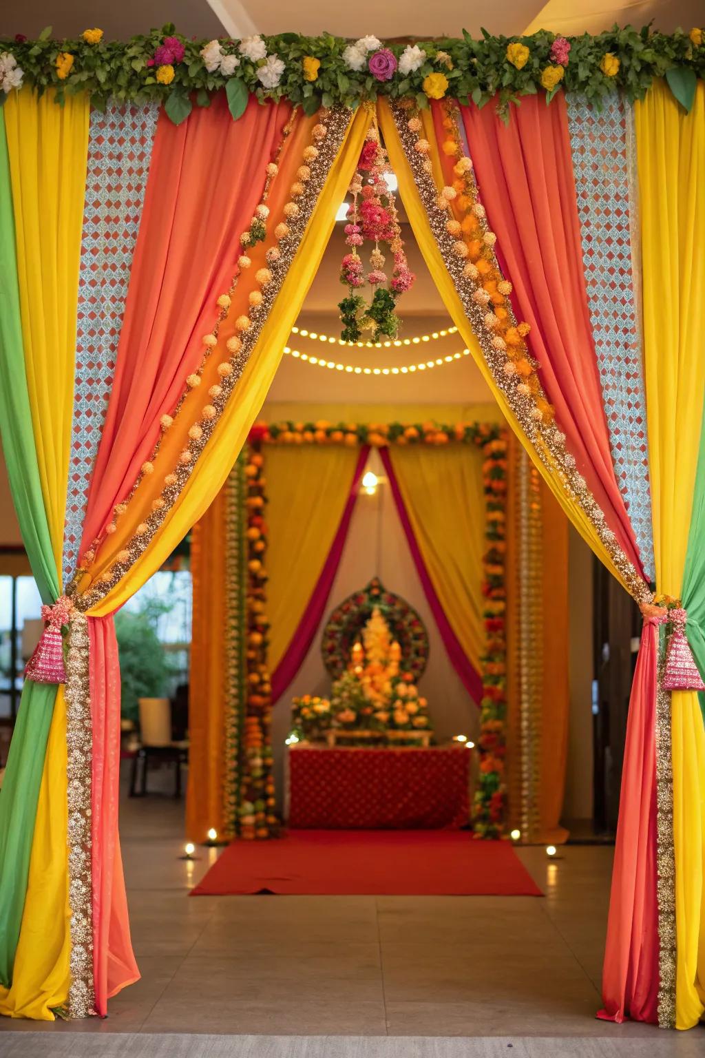 Rich and vibrant drapes framing a Ganesh Chaturthi altar, creating a festive ambiance.