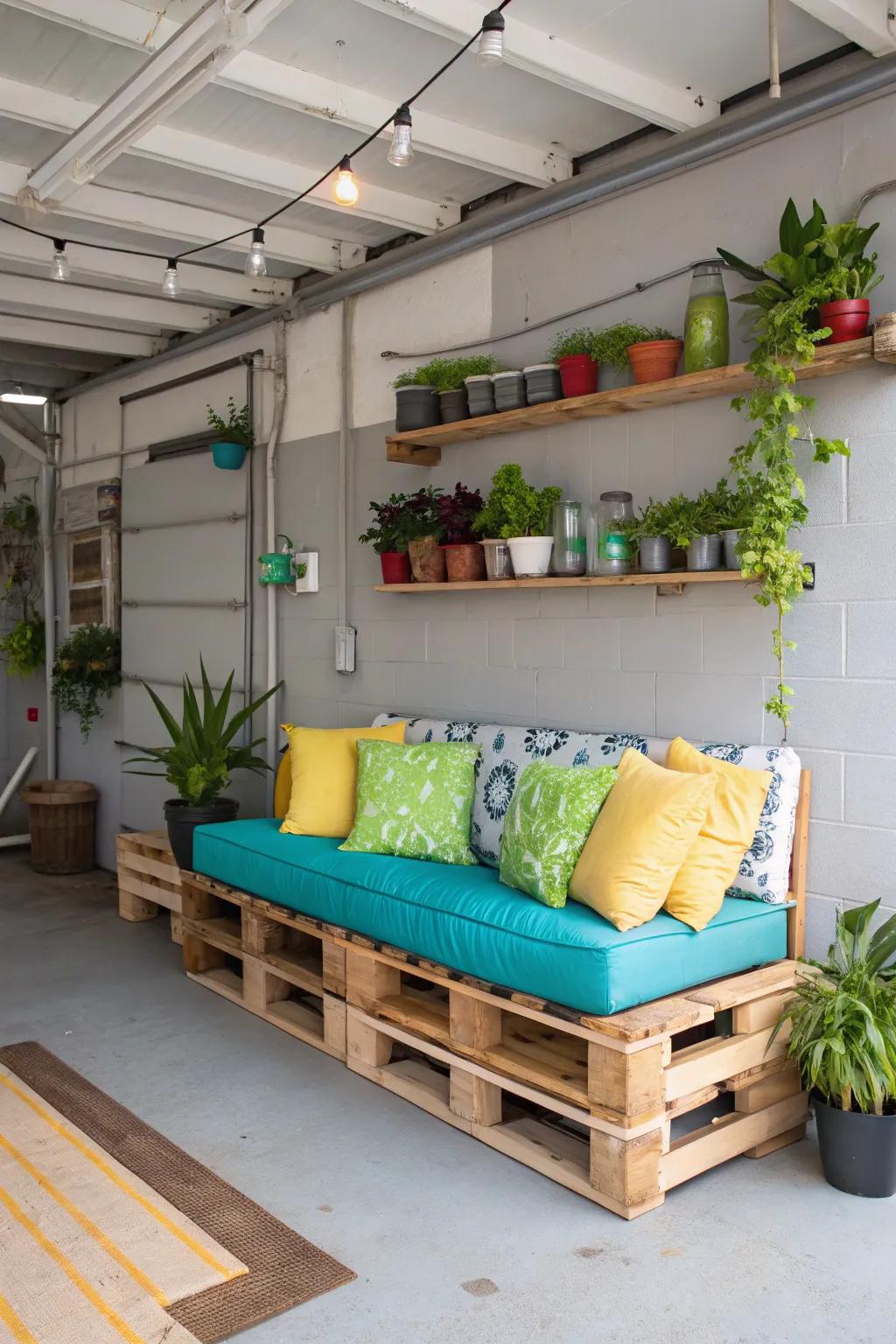 Pallet sofas offer an eco-friendly and rustic charm to any garage space.