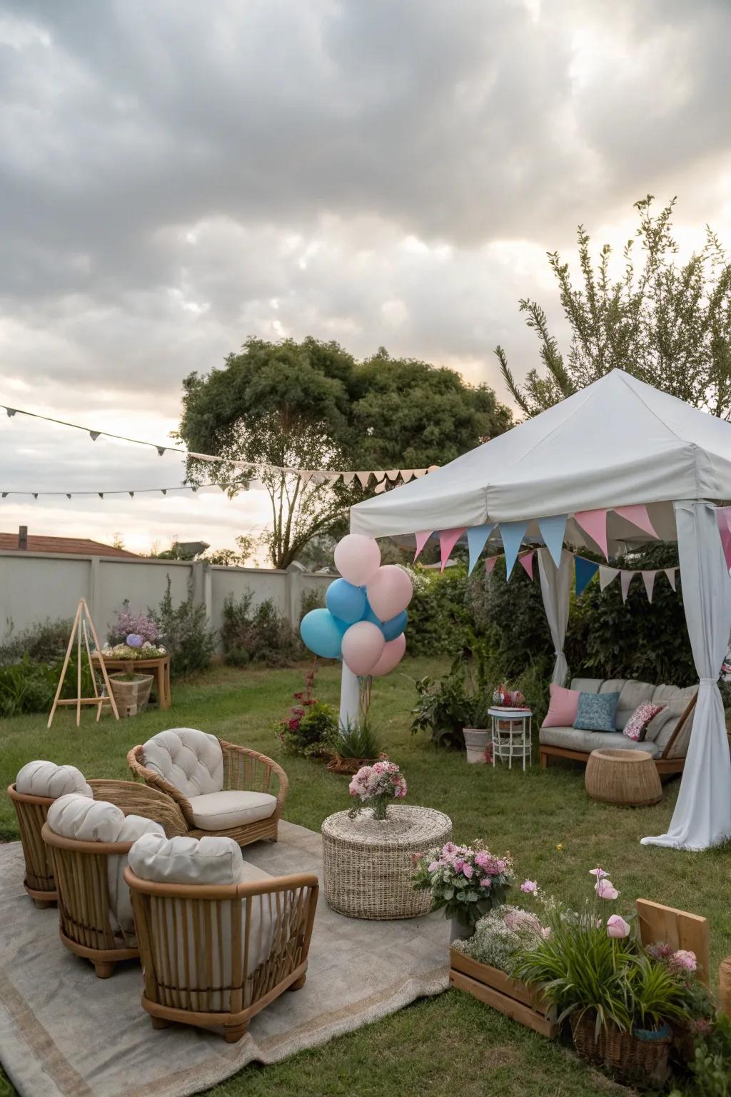 An enticing outdoor setting for a joyous gender reveal celebration.