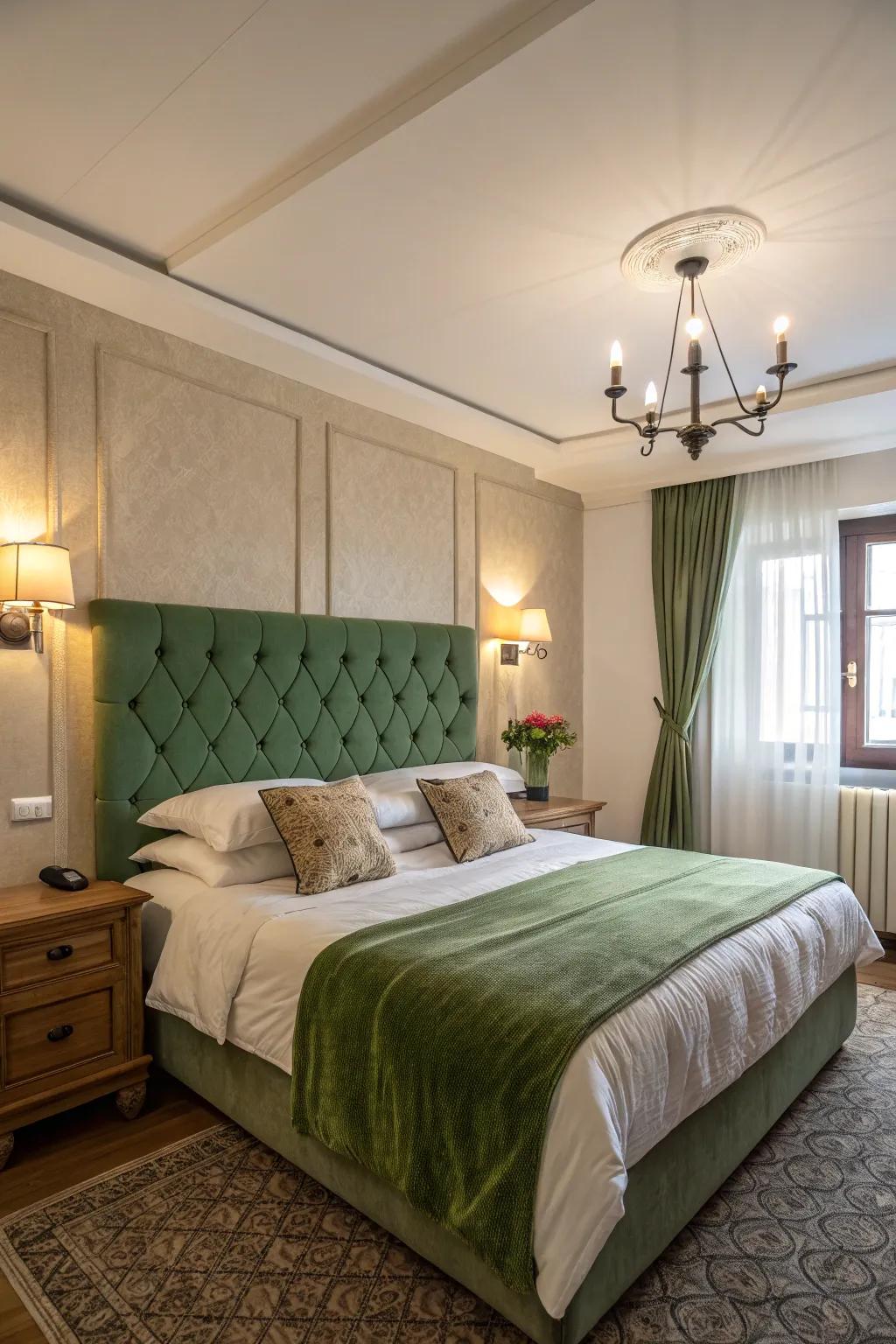 A striking green headboard transforms into a focal point in this stylish bedroom.