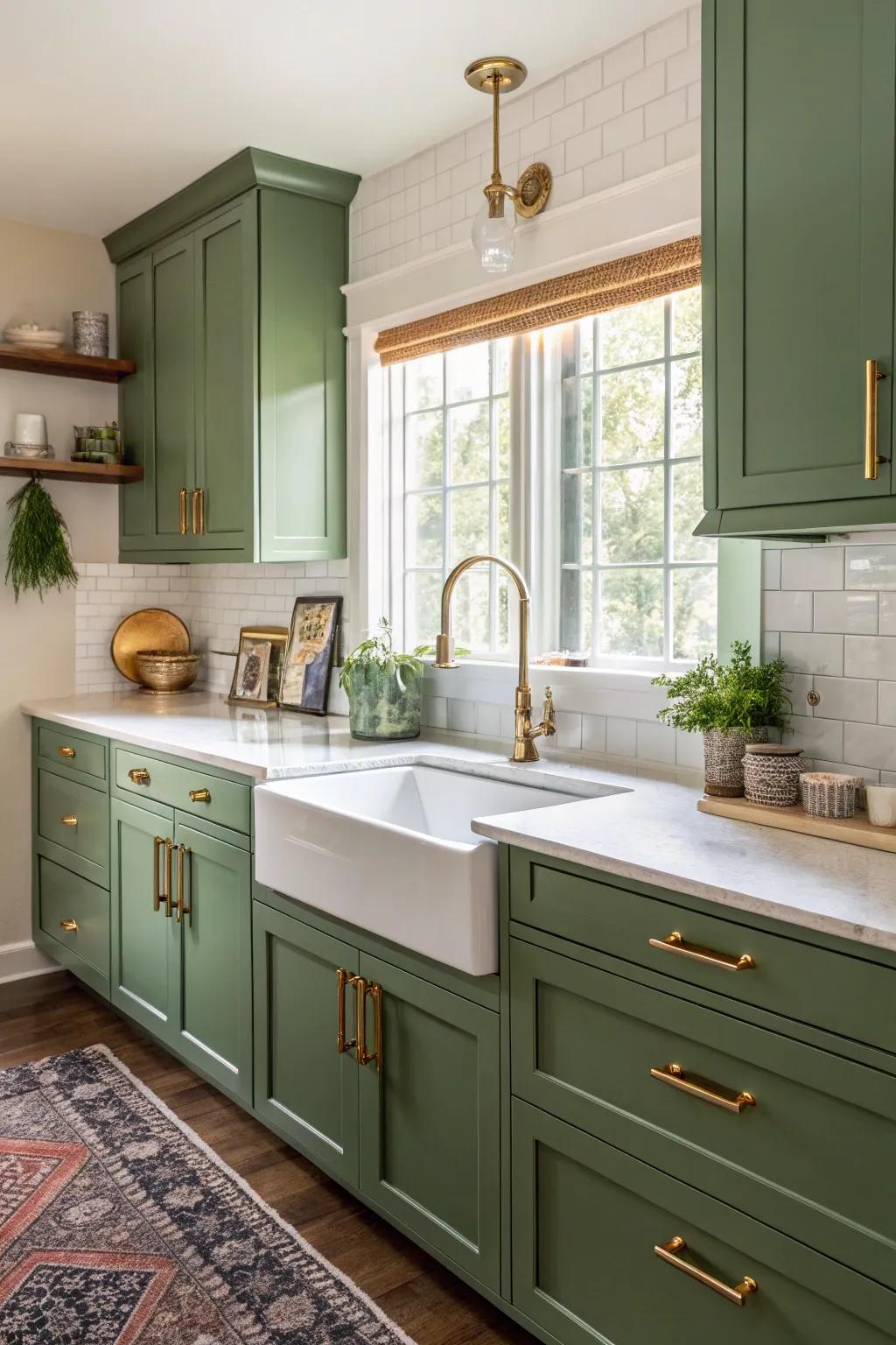 Brass fixtures adding a luxurious glow to a green kitchen.