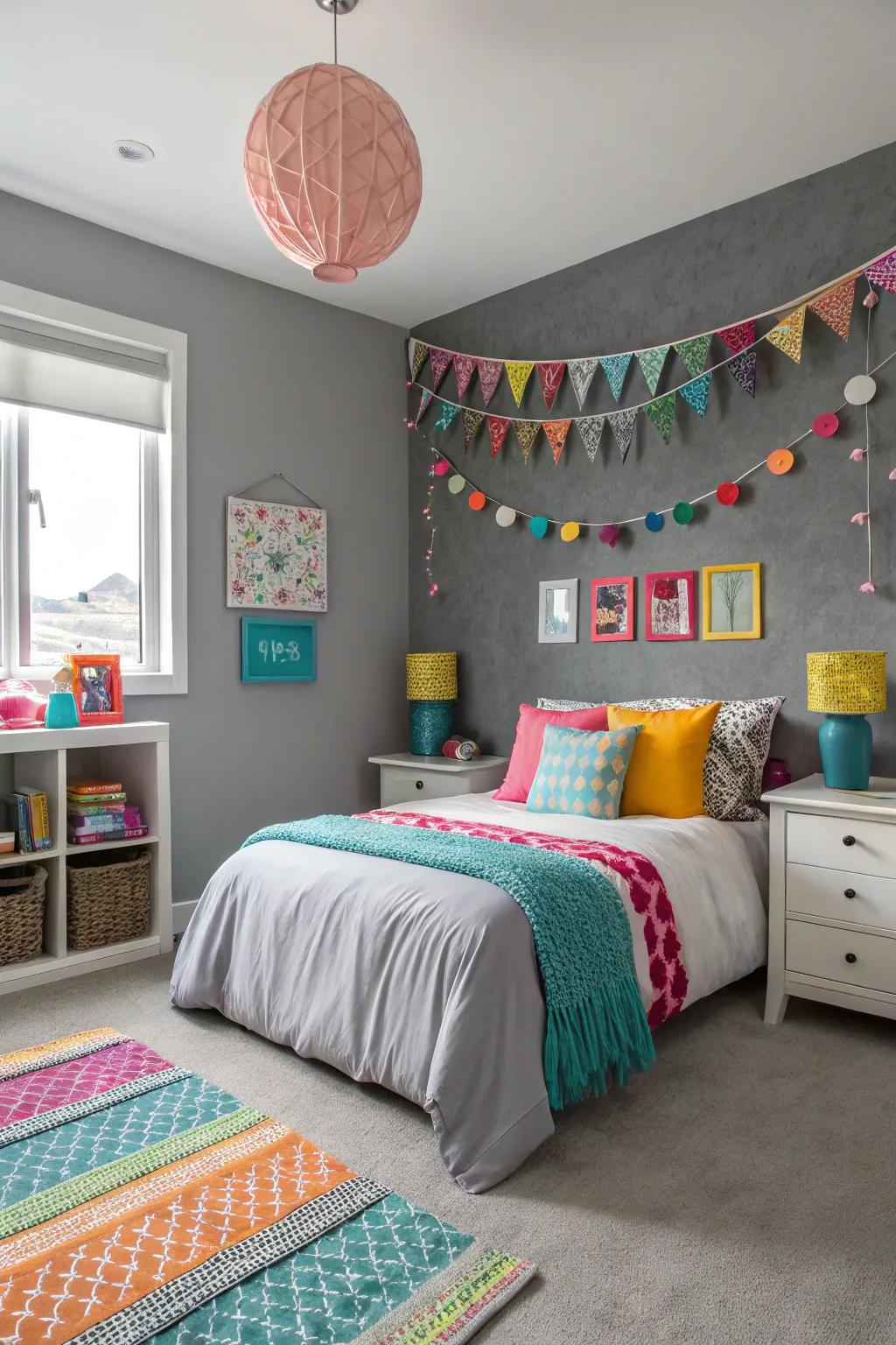 A vibrant bedroom with a grey feature wall and splashes of color.
