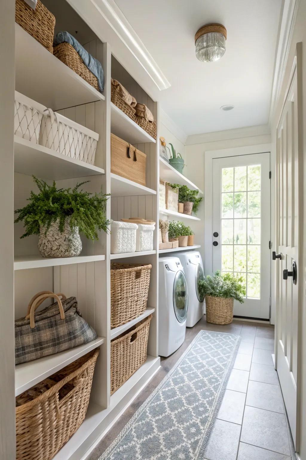 Open shelving adds functionality and charm to a hallway laundry area.