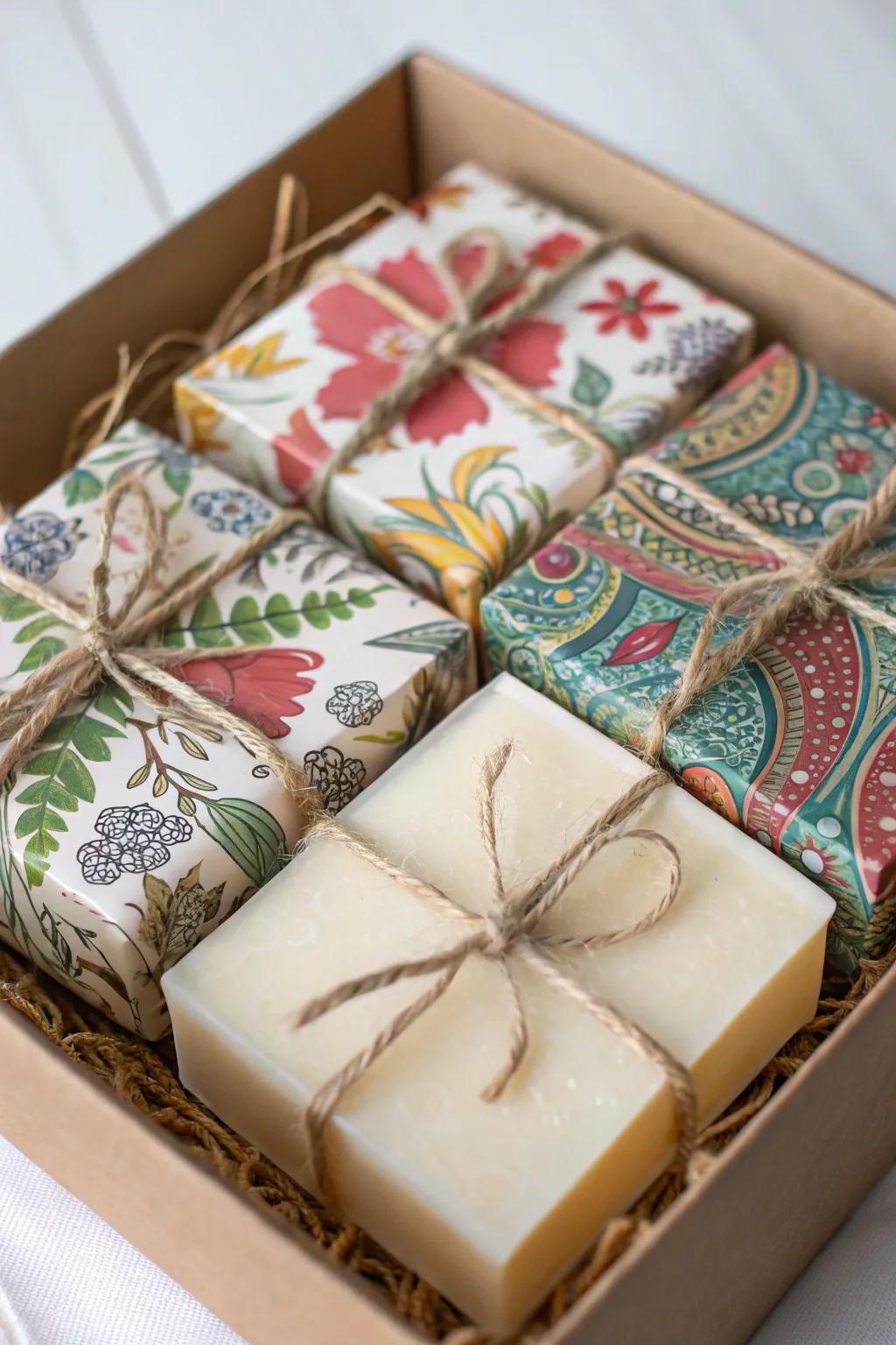 Handmade cleanser bars elegantly wrapped for gifting.