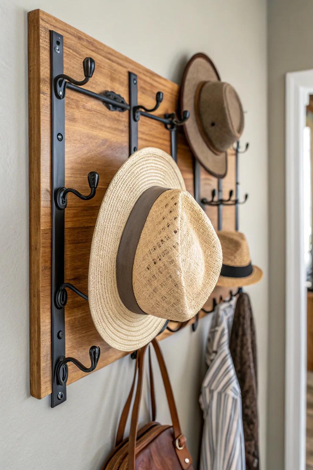 Mixing wood and metal creates a dynamic hat display.