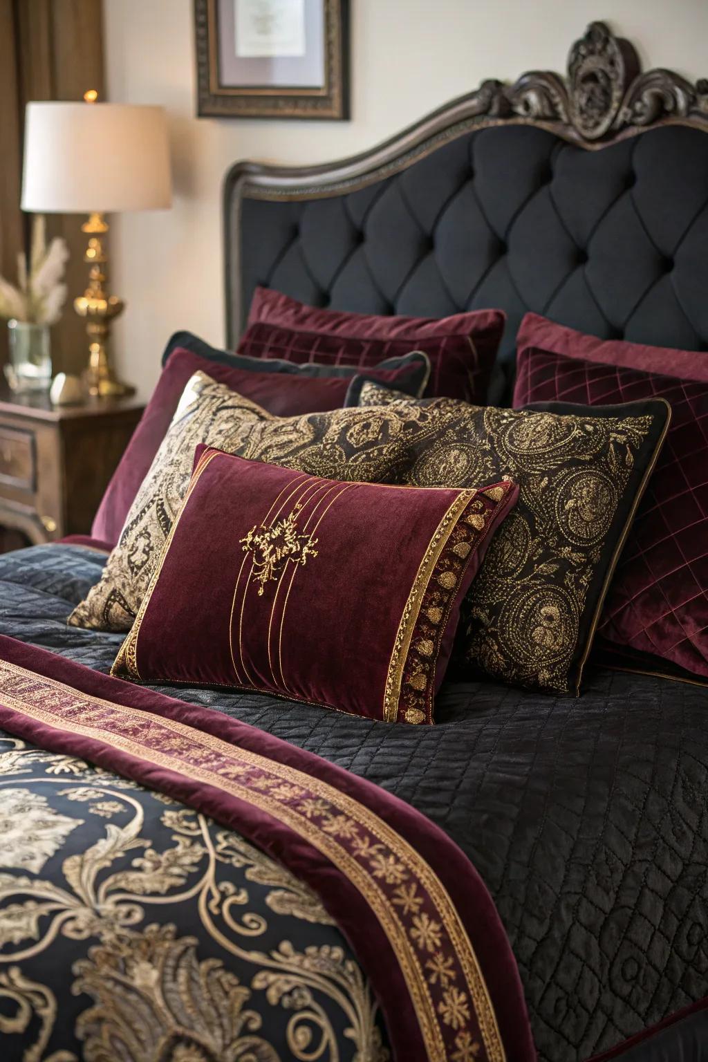 Rich fabrics create a cozy yet opulent feel.