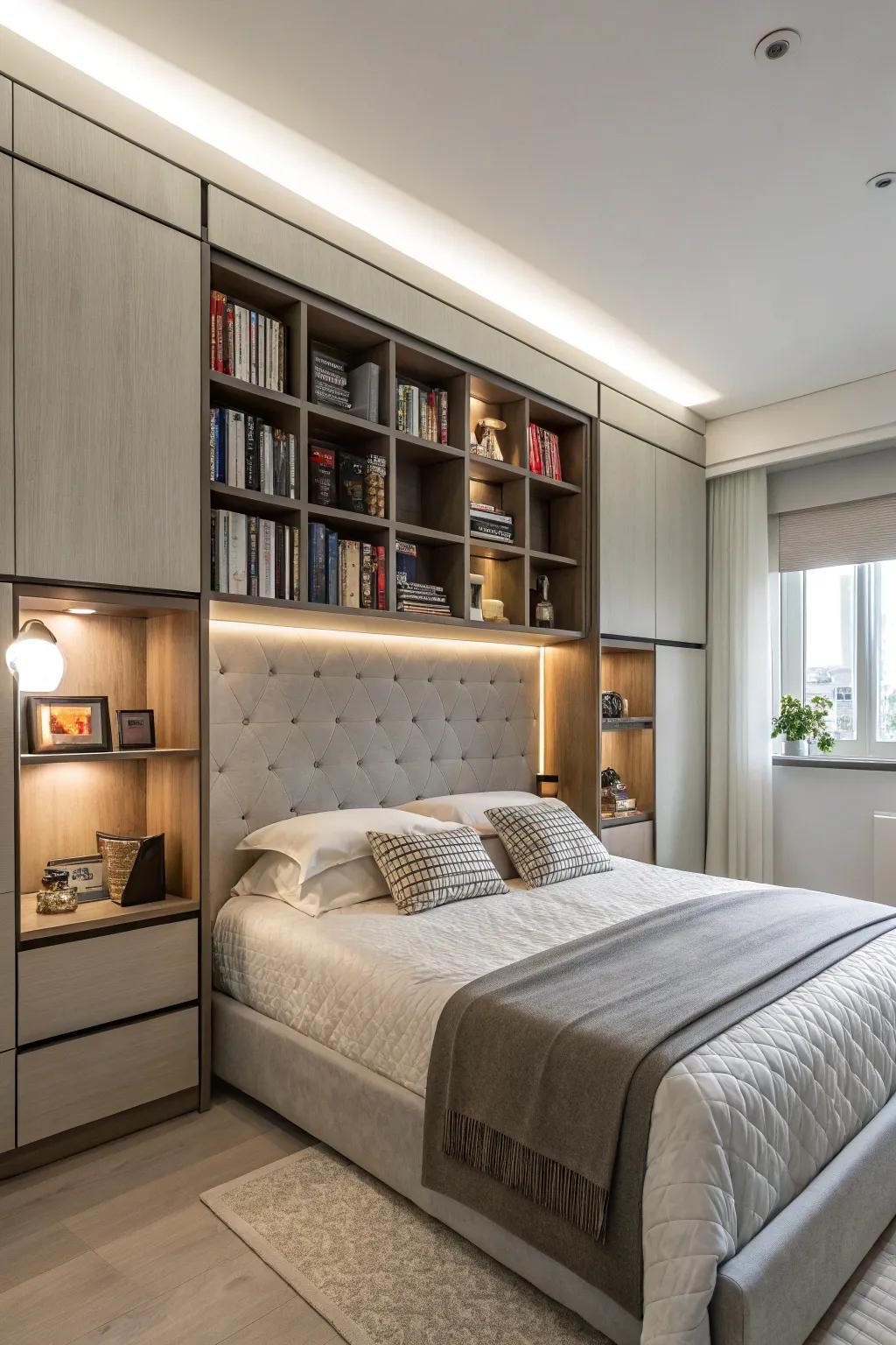 Merge style and storage using a multifunctional headboard.