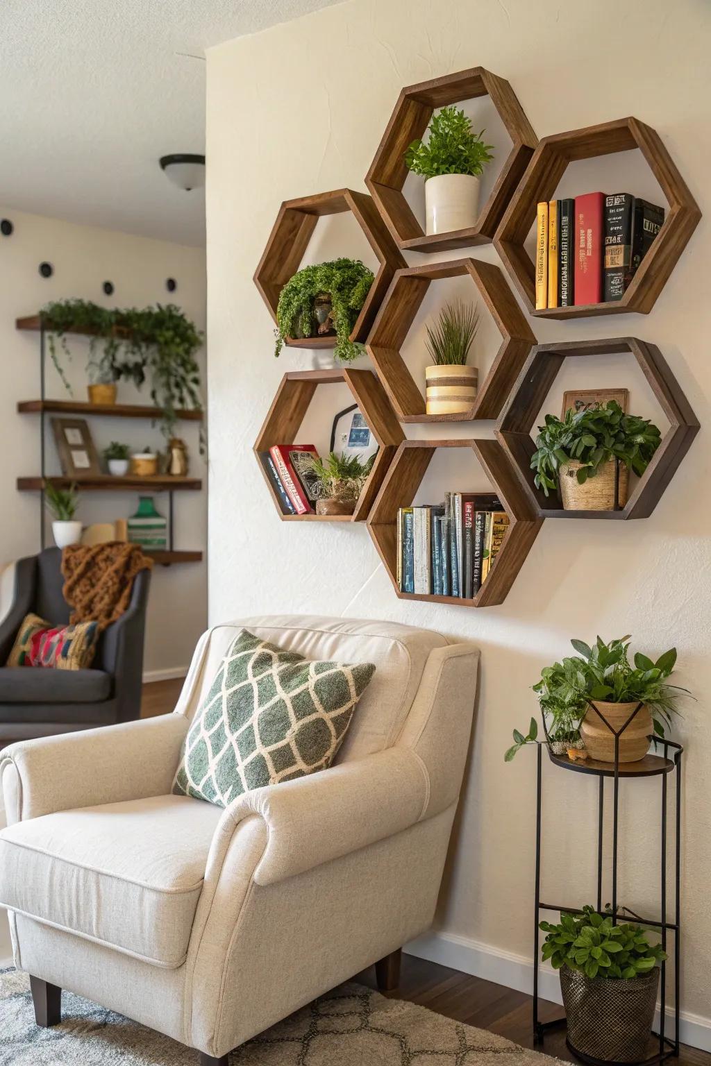 Hexagon shelves offer both functionality and style.