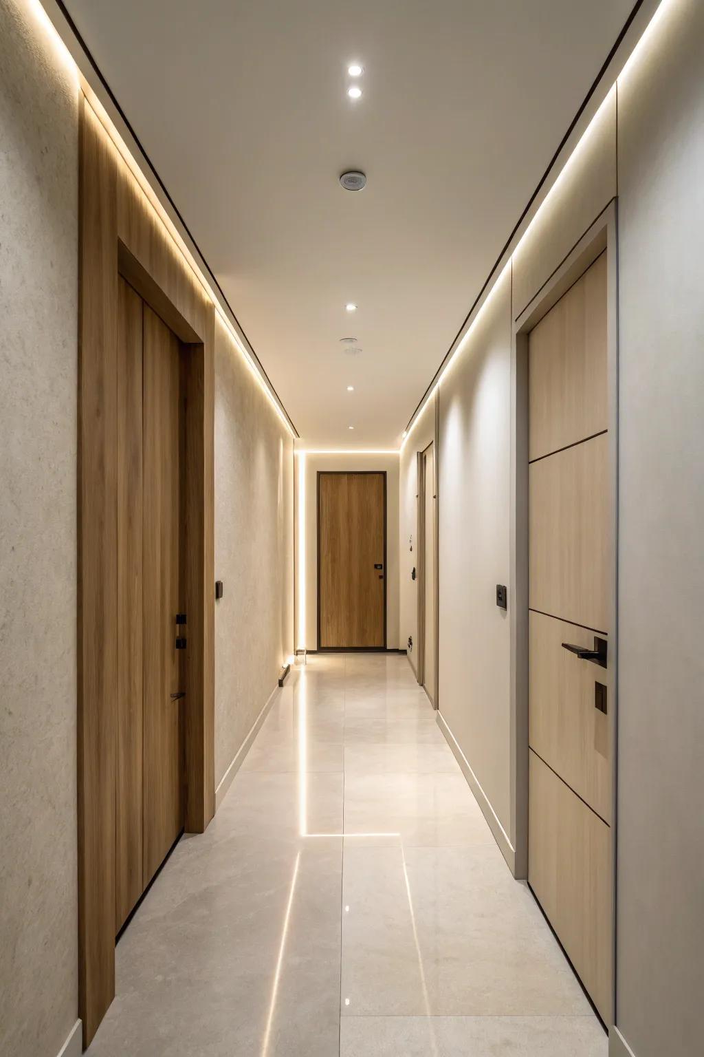 A minimalist hallway with a hidden door seamlessly integrated.