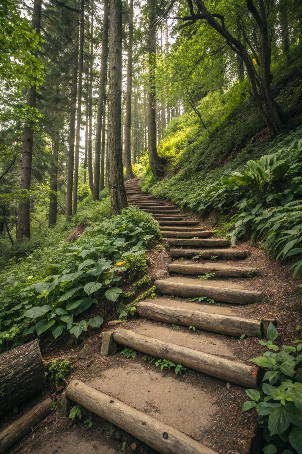 Logs create a natural and rustic step solution on slopes.