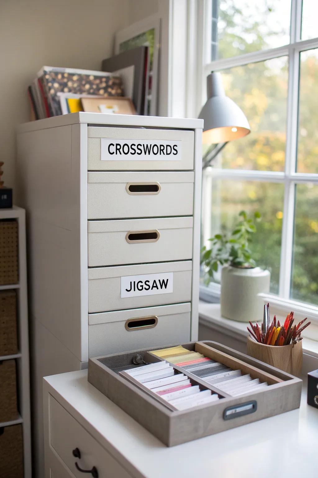 Drawers used for sorting puzzles by type.