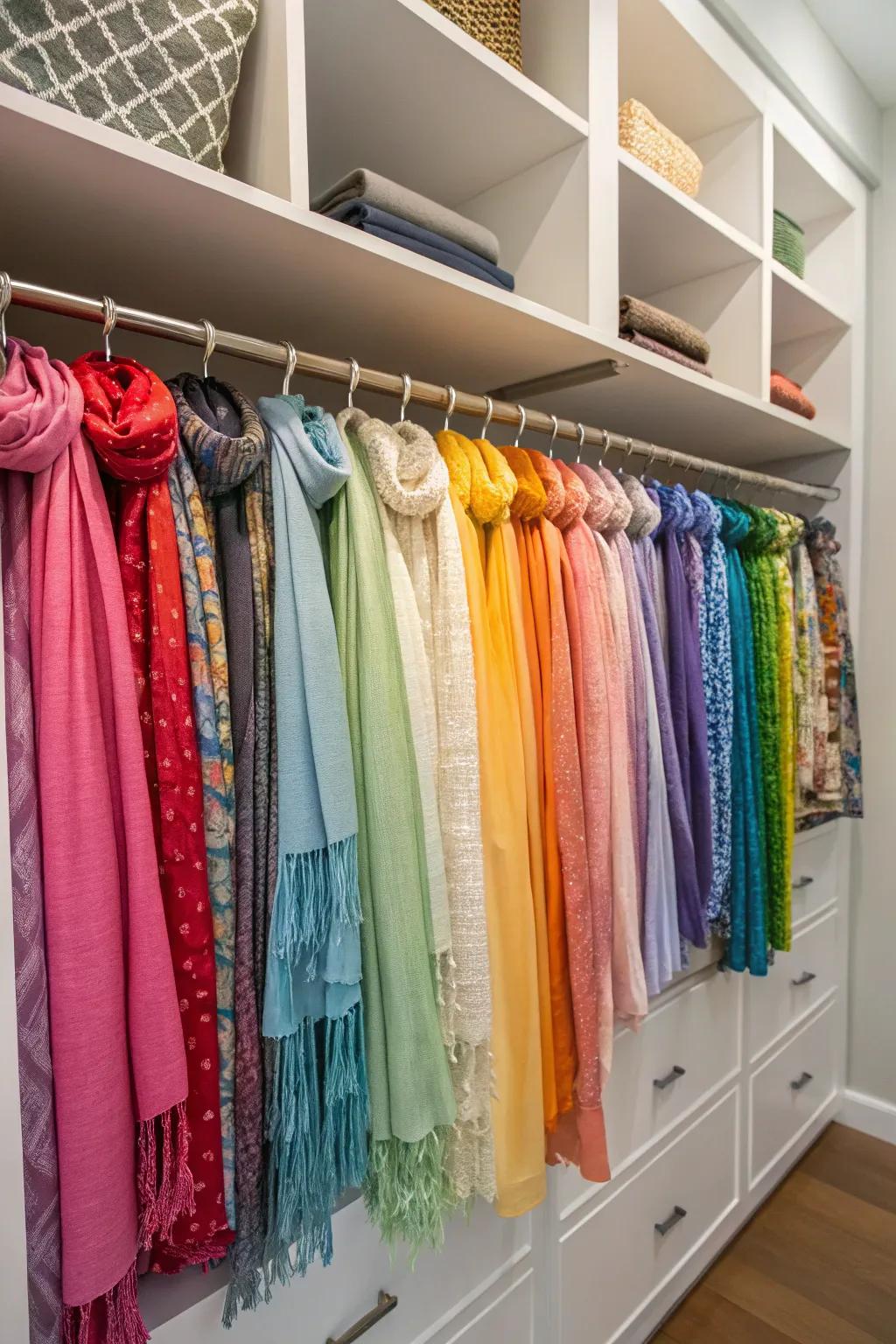 A hanging scarf organizer adds color and order to your closet.