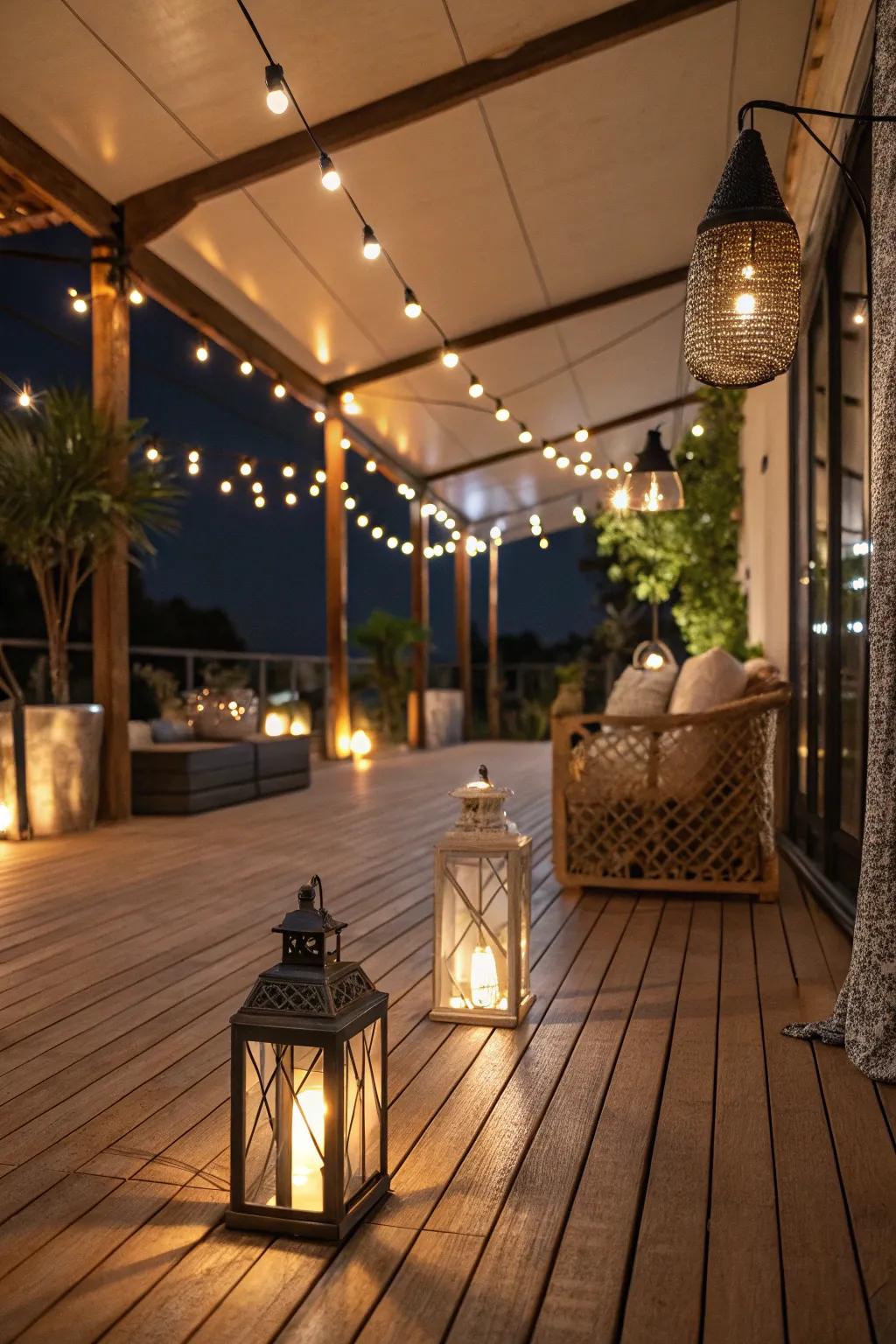 Fairy lights add a magical glow to this indoor deck.