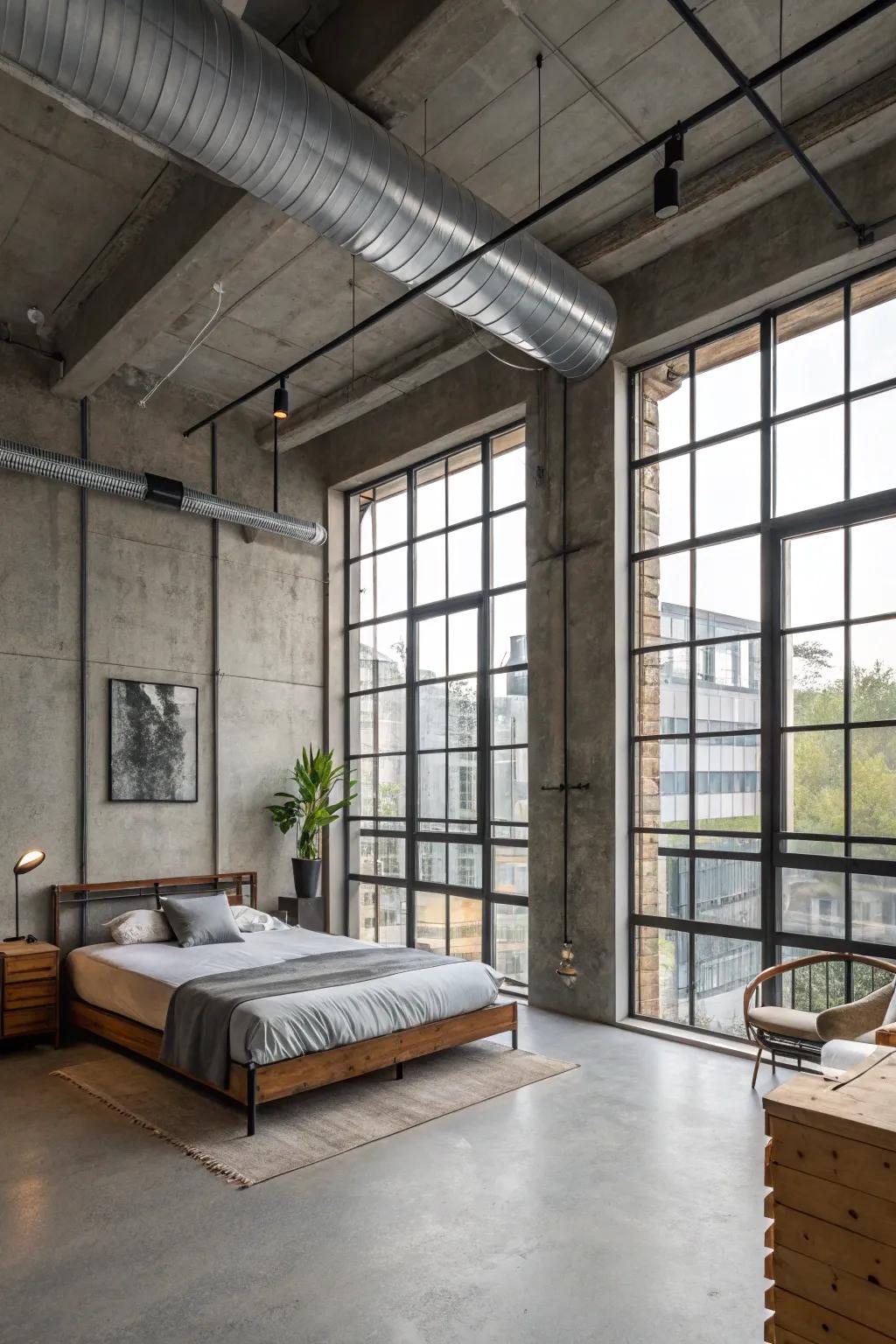 Natural light floods this industrial bedroom, highlighting its architectural features.