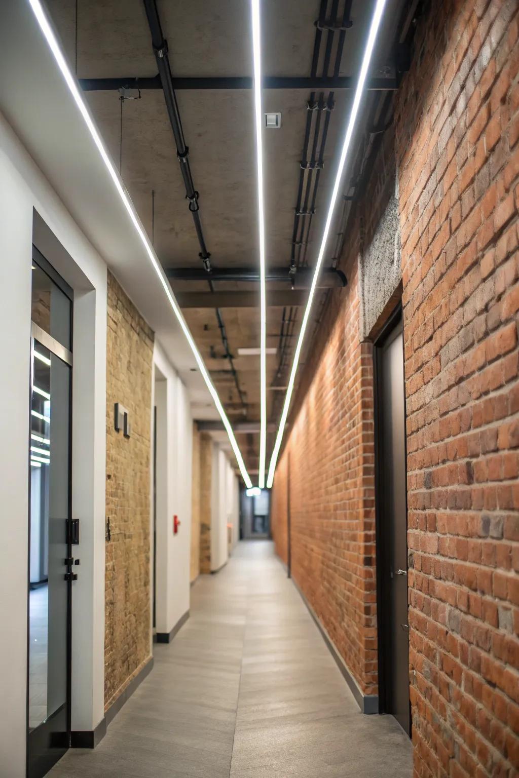 Urban loft hallway with linear LED lighting