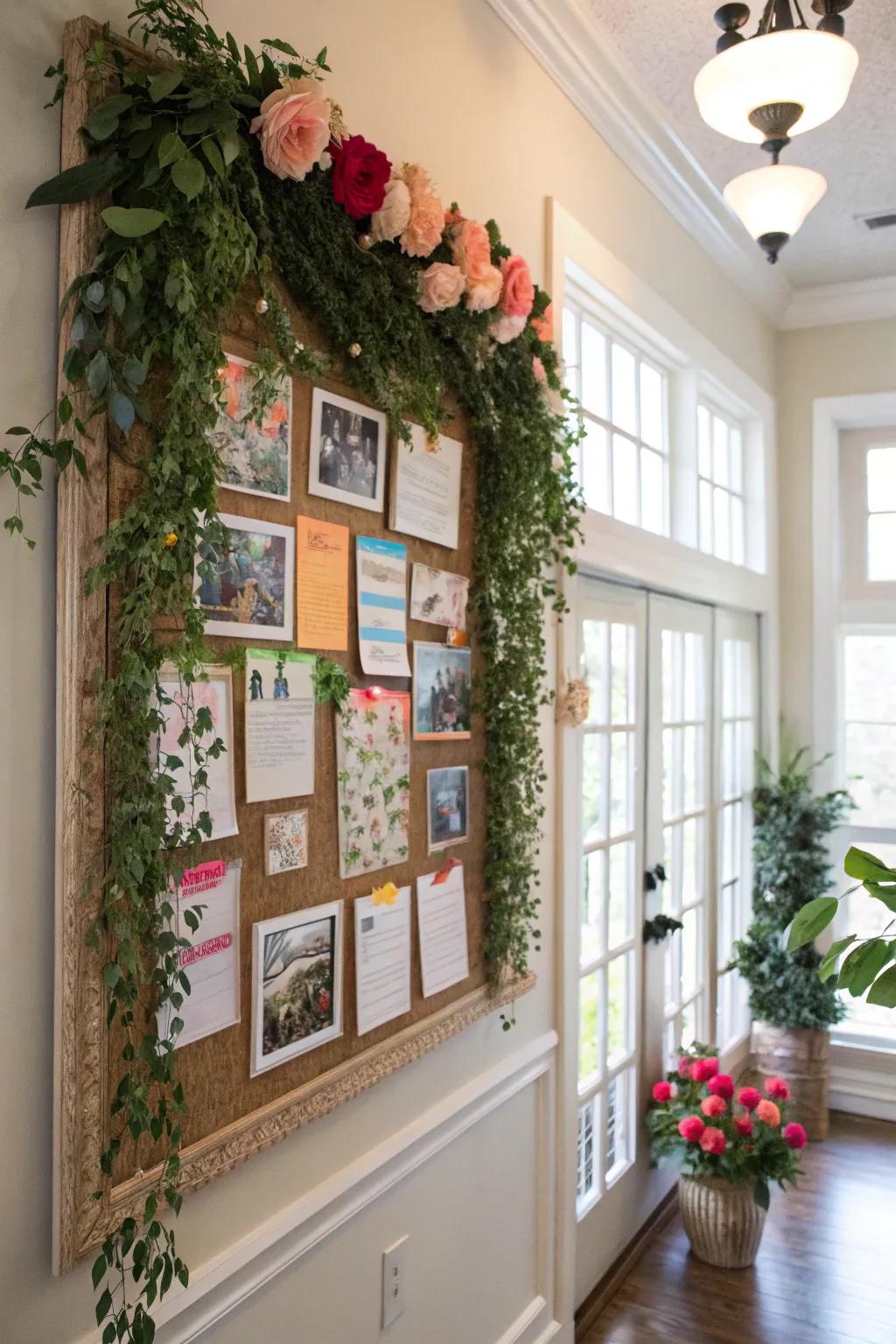 A bulletin board celebrating nature with greenery and floral elements.