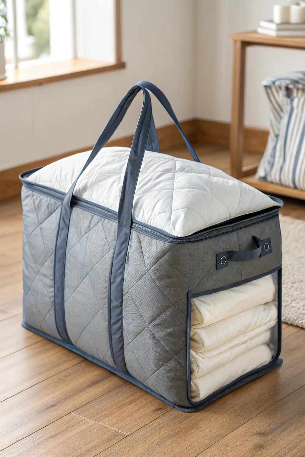 Handles on storage bags add portability and convenience.