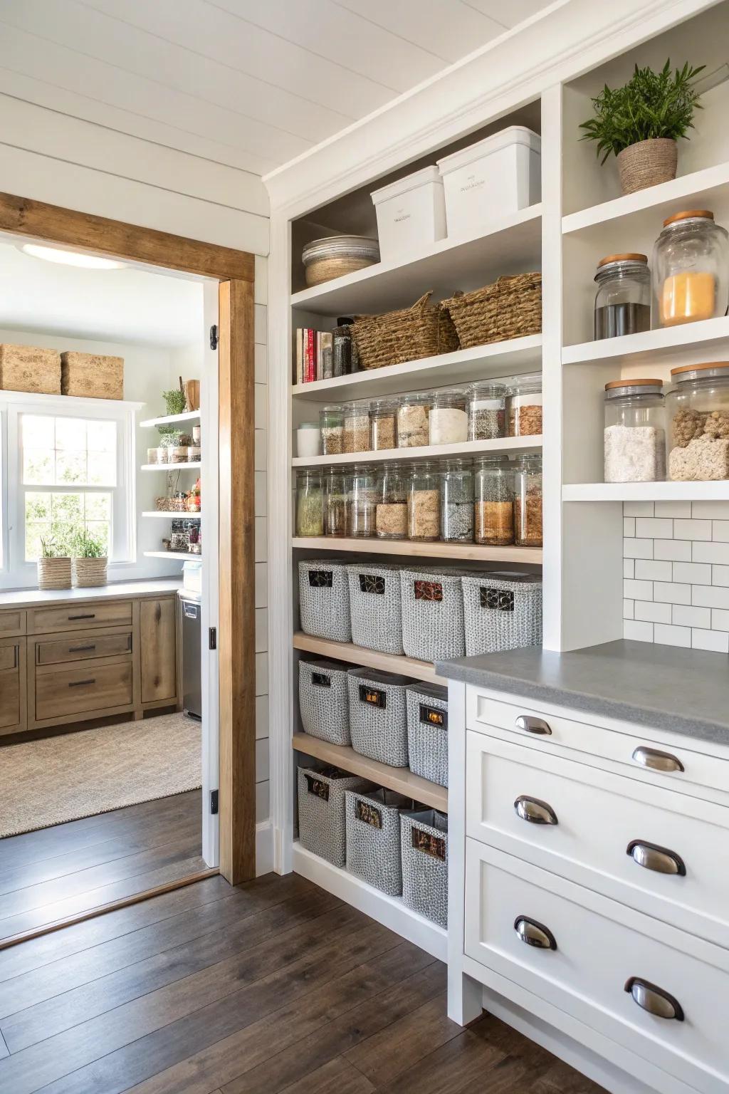 A corner pantry maximizes storage in compact spaces.