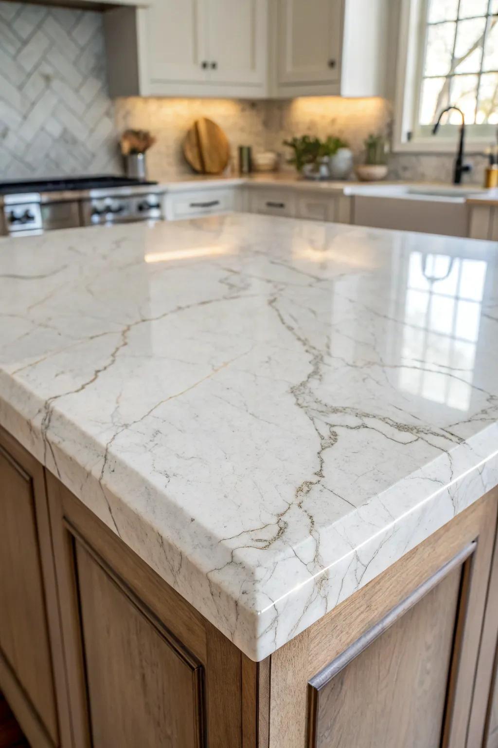 Elegant marble brings luxury to the kitchen island.