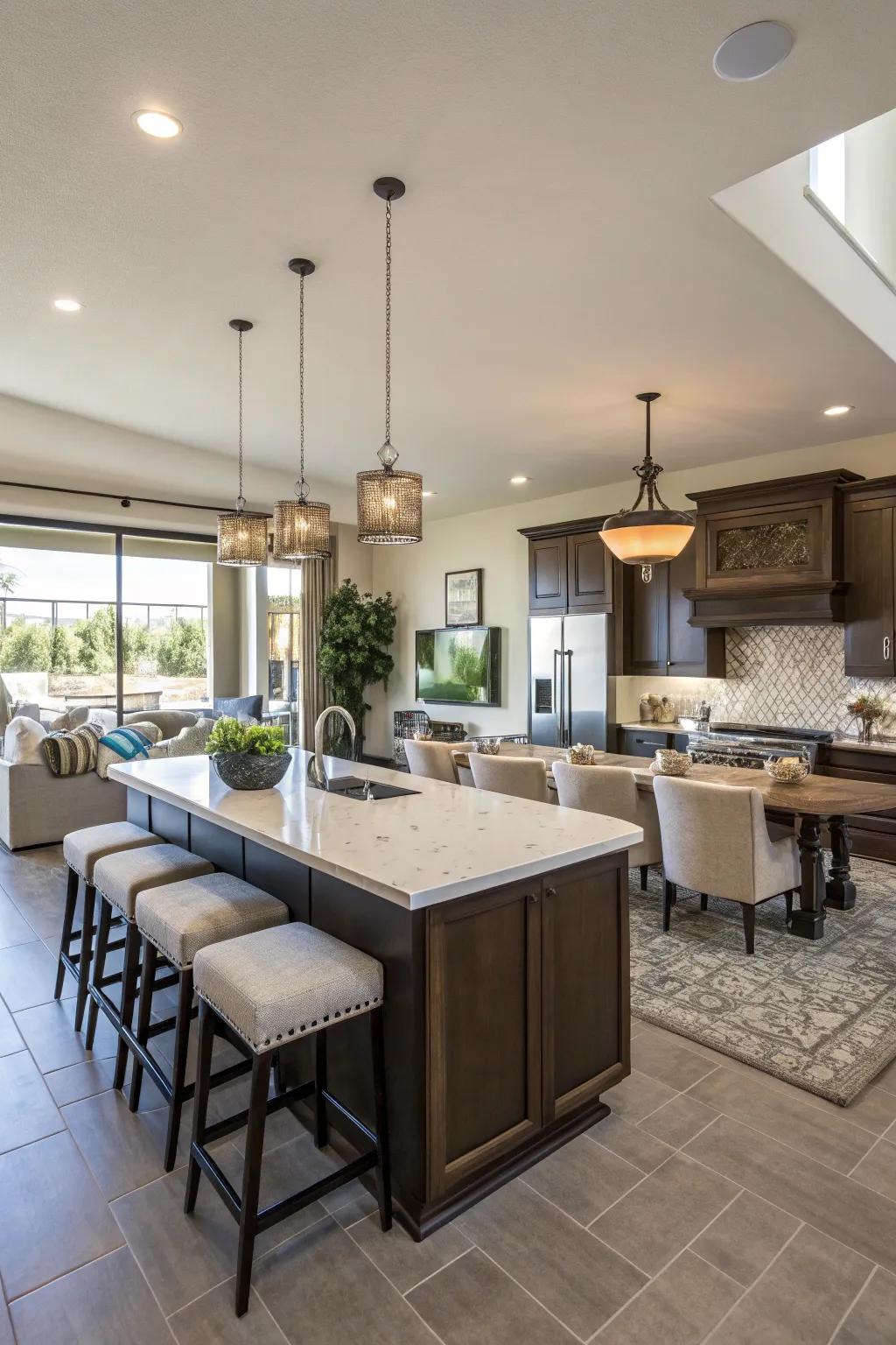 An open layout that includes a large island encourages effortless movement and connection.