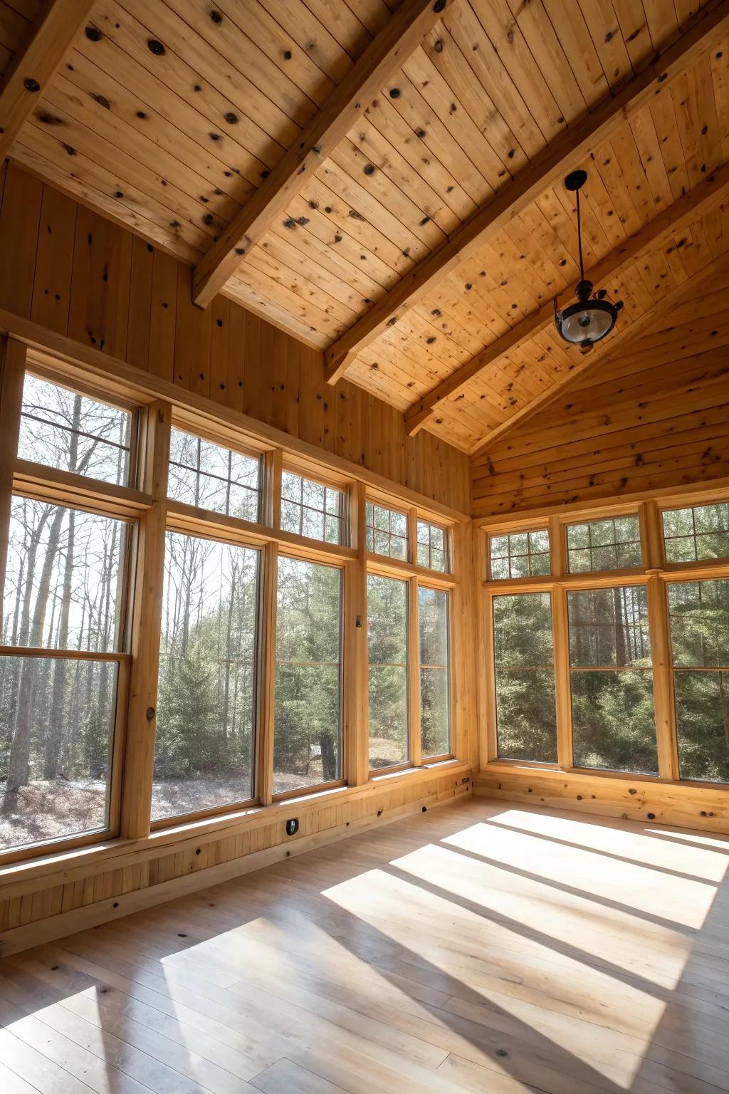 A bright room where natural light accentuates the warm tones of knotty pine.