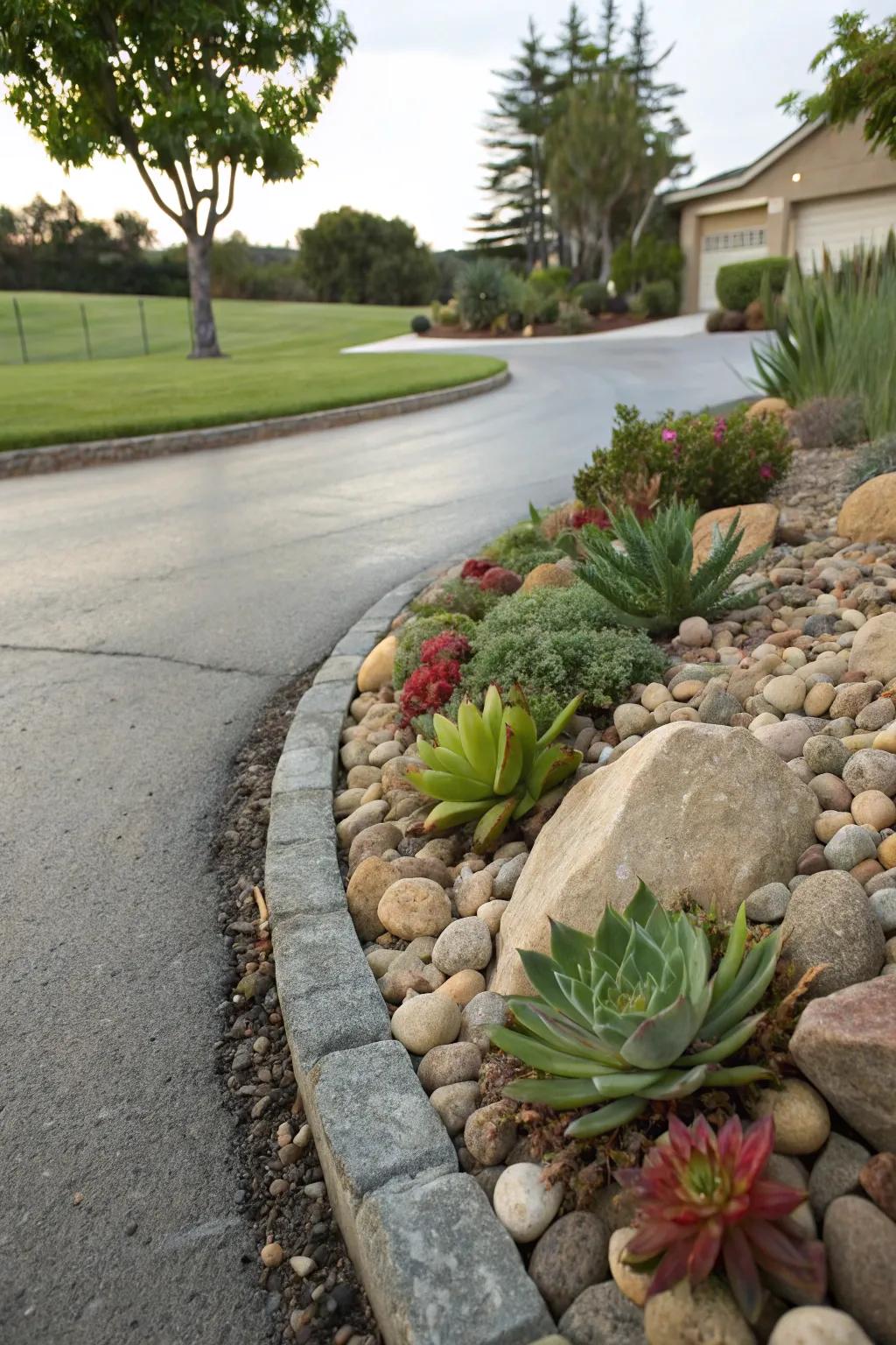 Stone accents add a natural, textured element to a driveway.