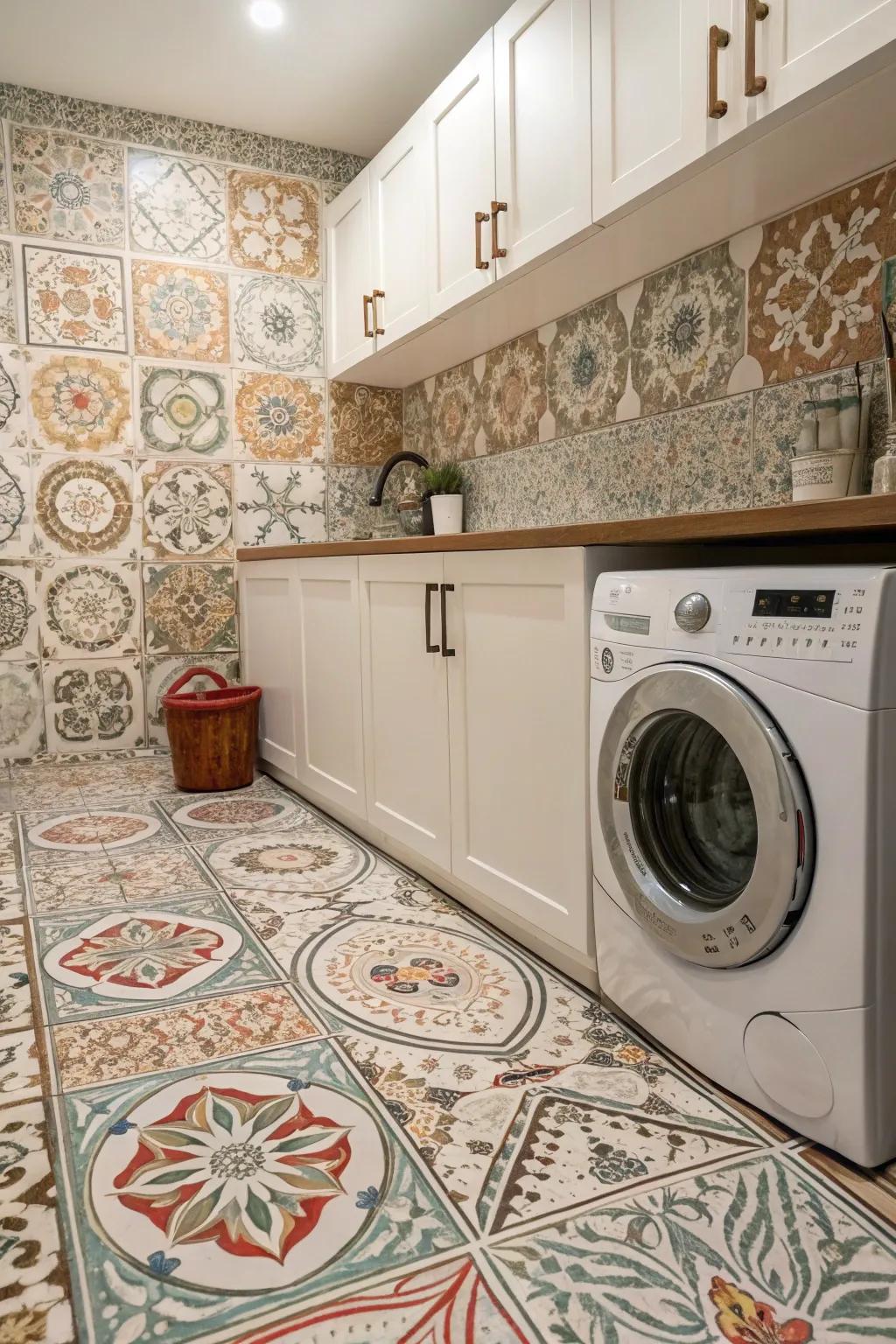 Moroccan-inspired tiles add character and texture to the laundry room.