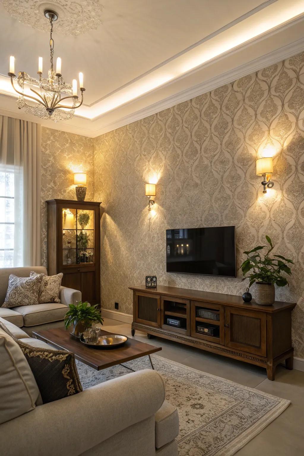 The lighting accentuates the patterns and colors present on the accent wall in this living room.