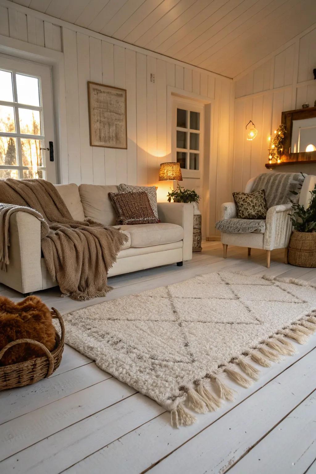 Delicate textures offer coziness and comfort to a room with white wood floors.