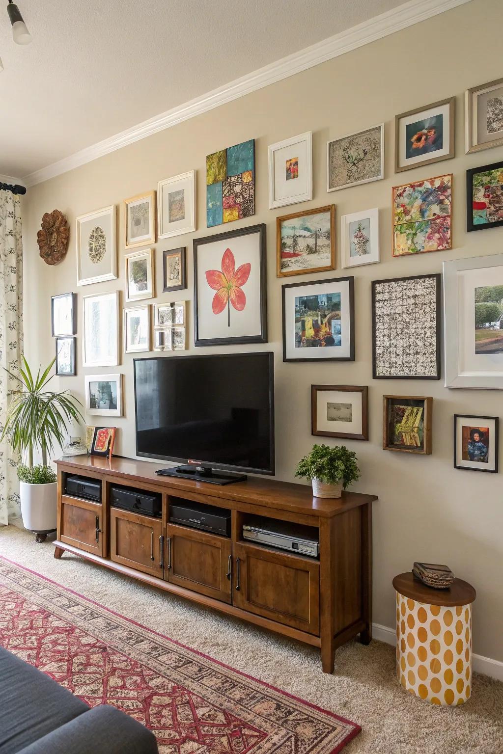 A gallery wall gives the TV area extra personality.