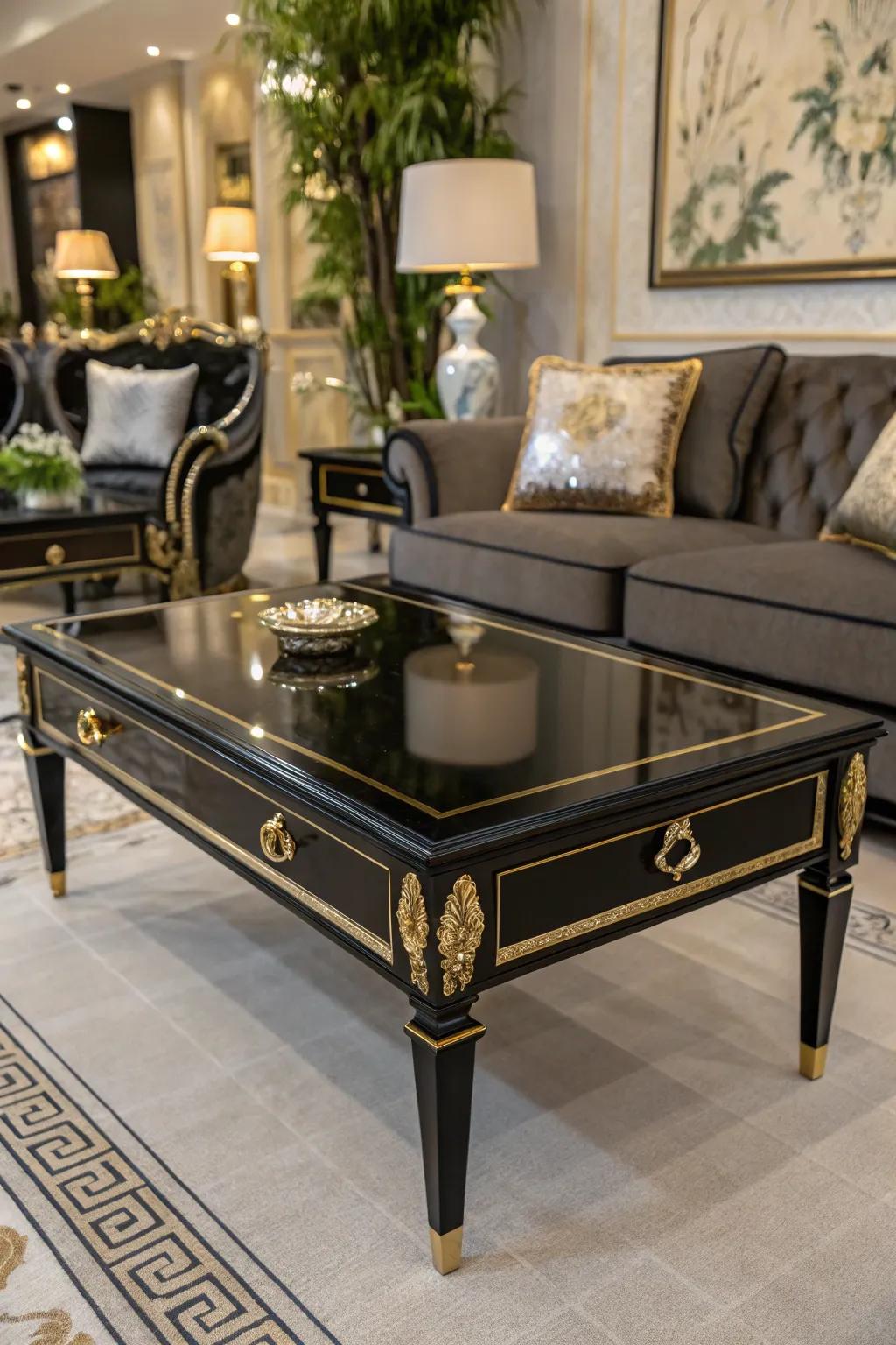 A chic black centerpiece table with gold accents.