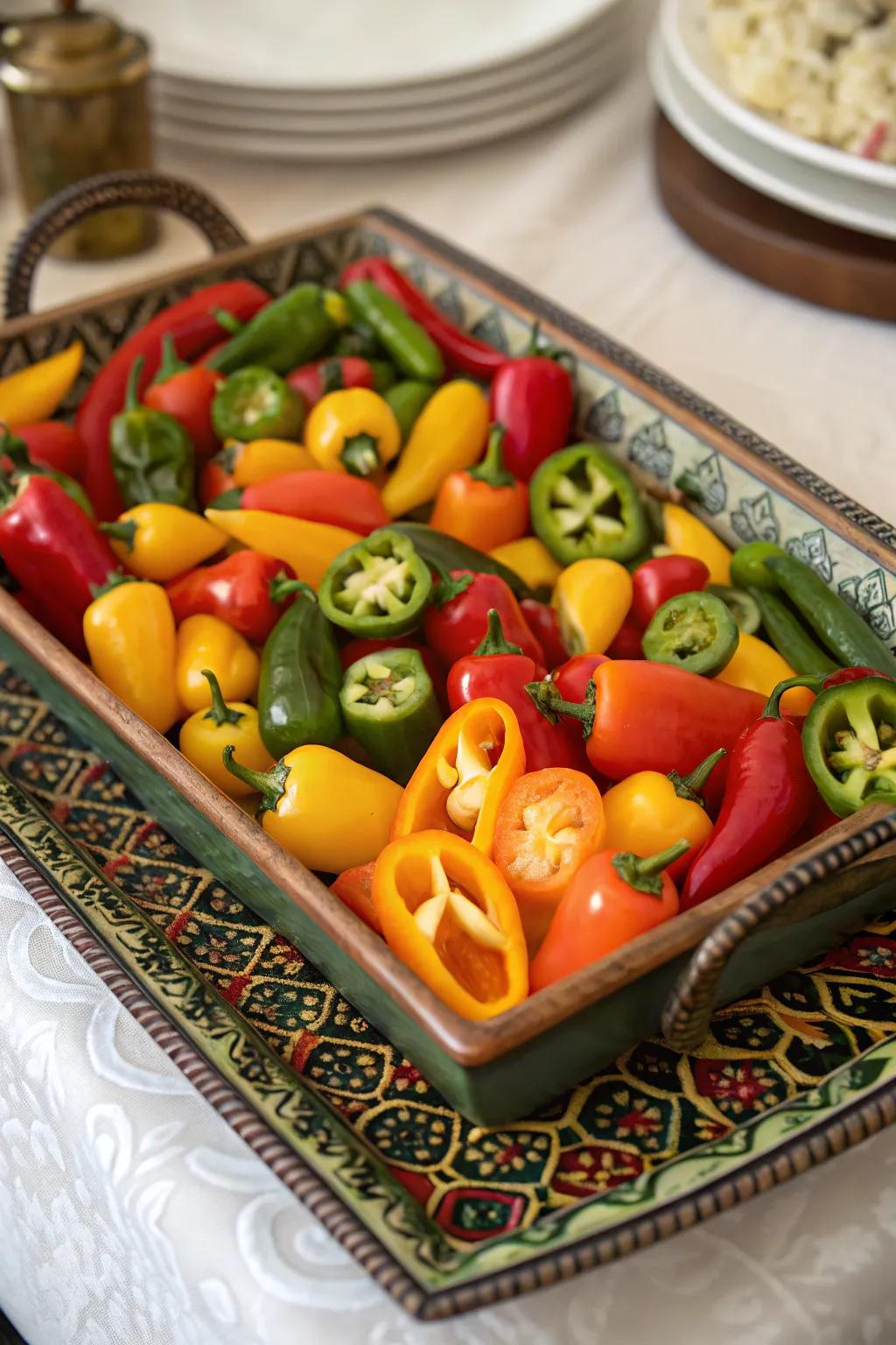 Rainbow of peppers adds crunch and color.