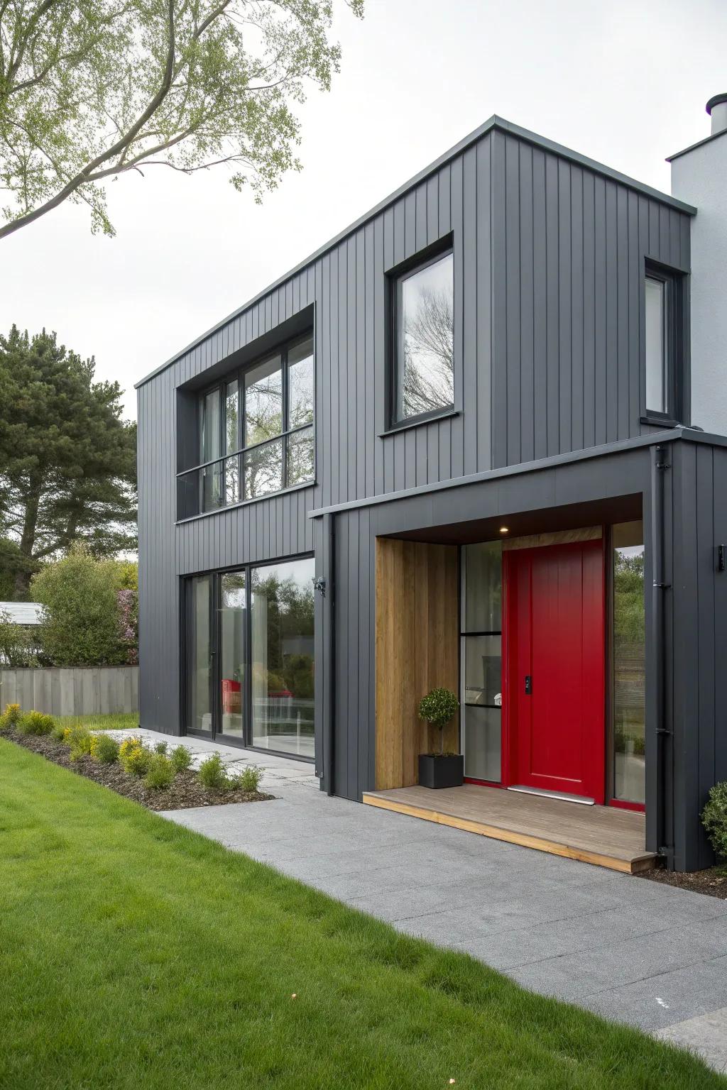 Graphite grey paired with a scarlet front door for an eye-catching modern look.