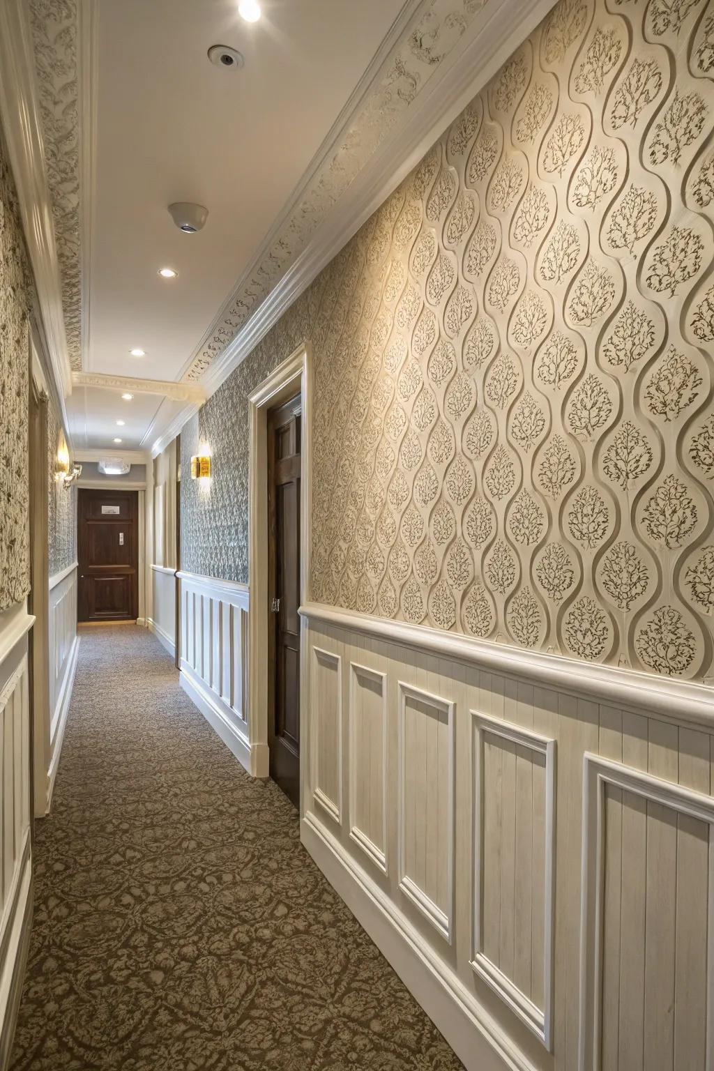 Textured walls add depth and sophistication to the hallway.